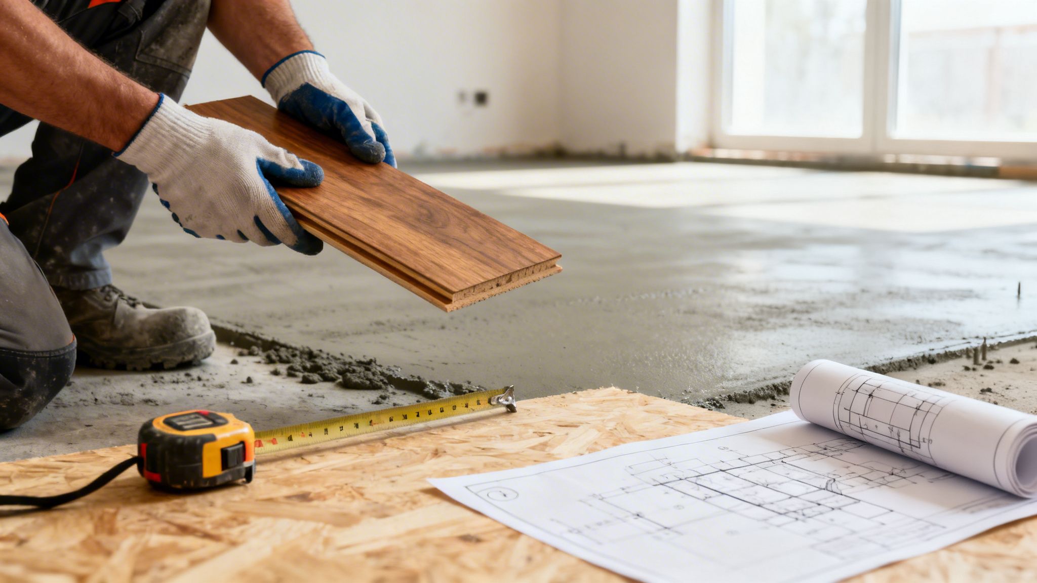 Håndværker installerer laminatgulv på nystøbt betongulv med byggetegninger og målebånd i forgrunden.