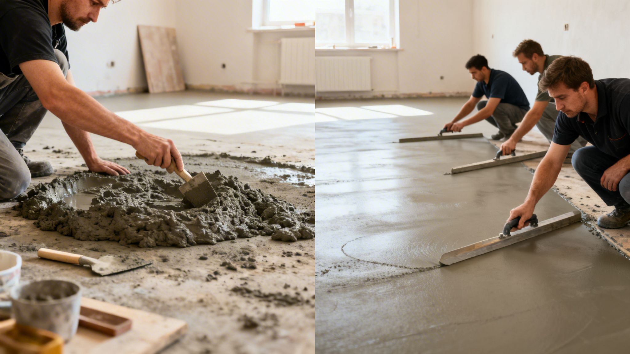 Byggearbejdere blander cement og jævner et nyudlagt betongulv i et rum.