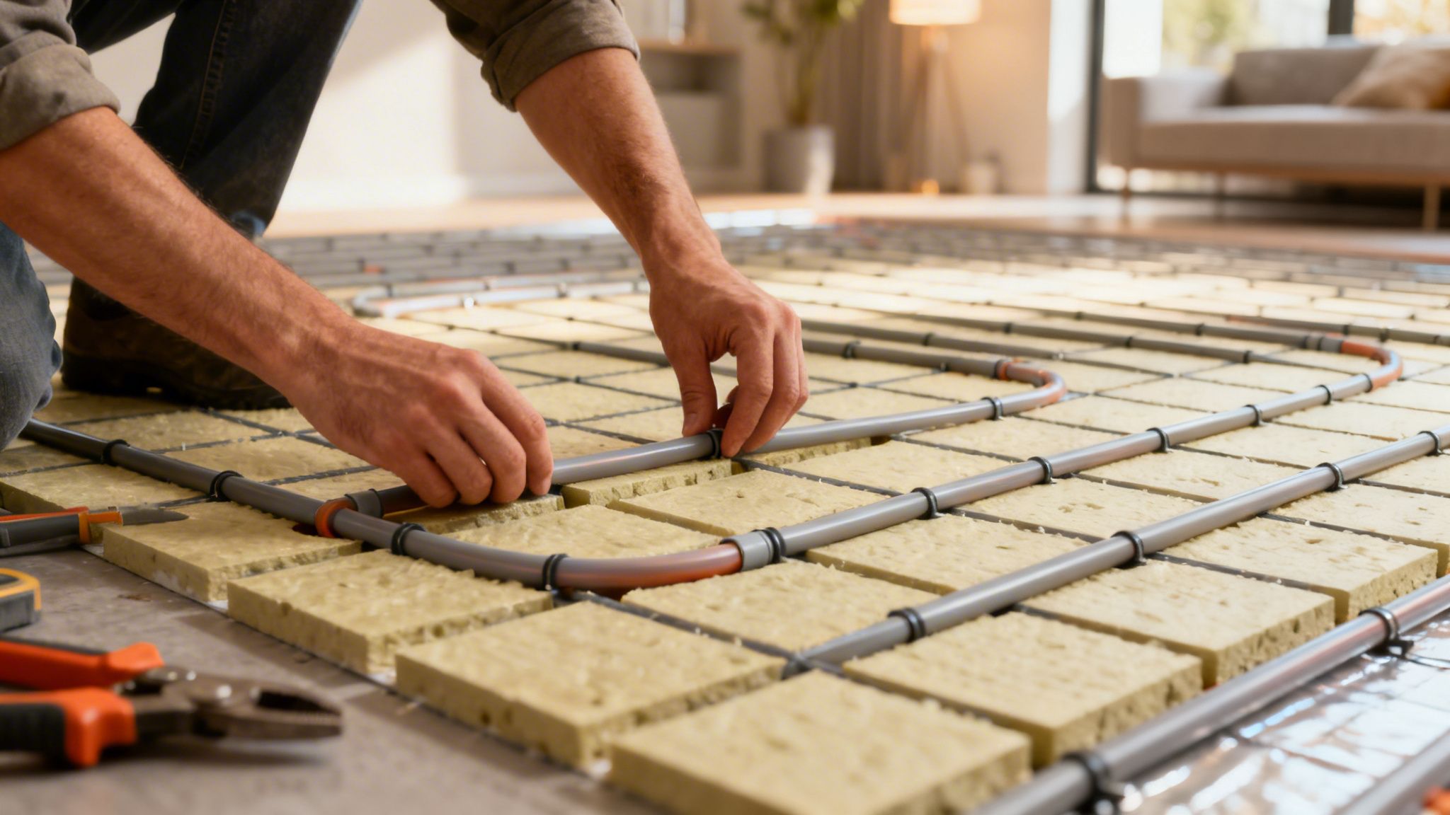 Mand installerer gulvvarme rør på isolering i et moderne hjem under renovering.