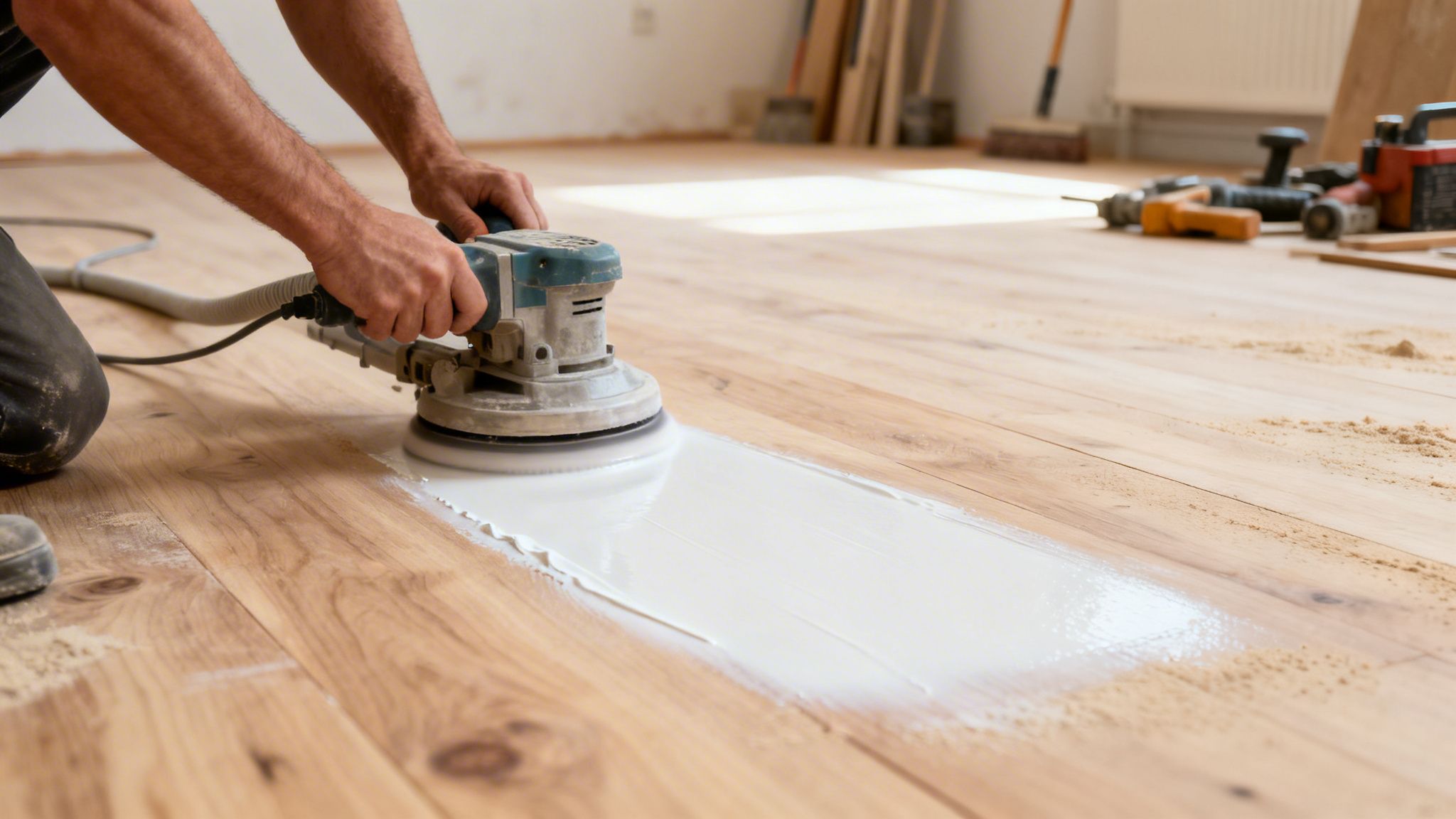 Mand behandler trægulv med hvidolie ved hjælp af en slibemaskine under gulvrenovering.