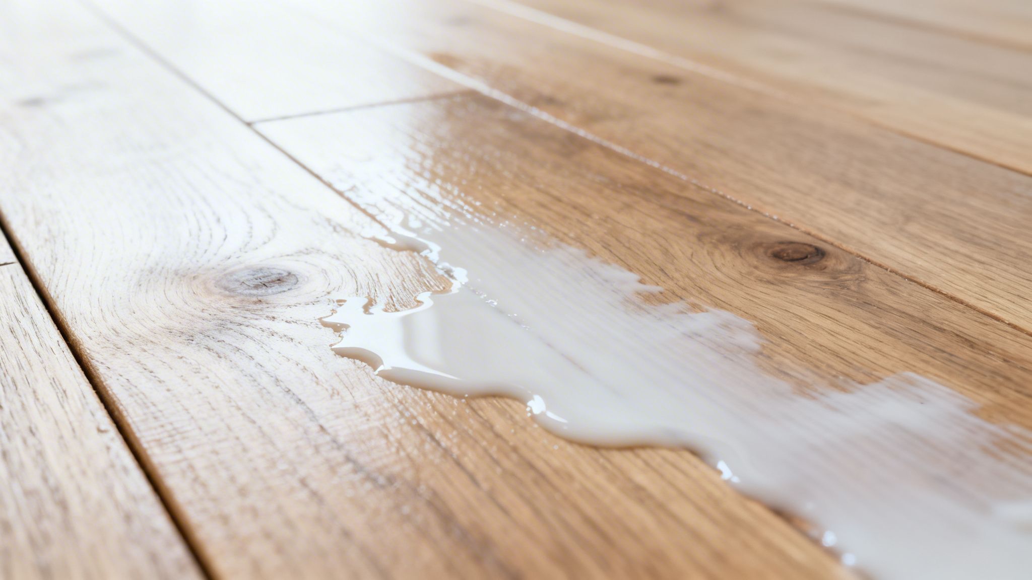 Hvidolie spildt på et lyst trægulv, der viser hvordan olien trænger ind i træet.