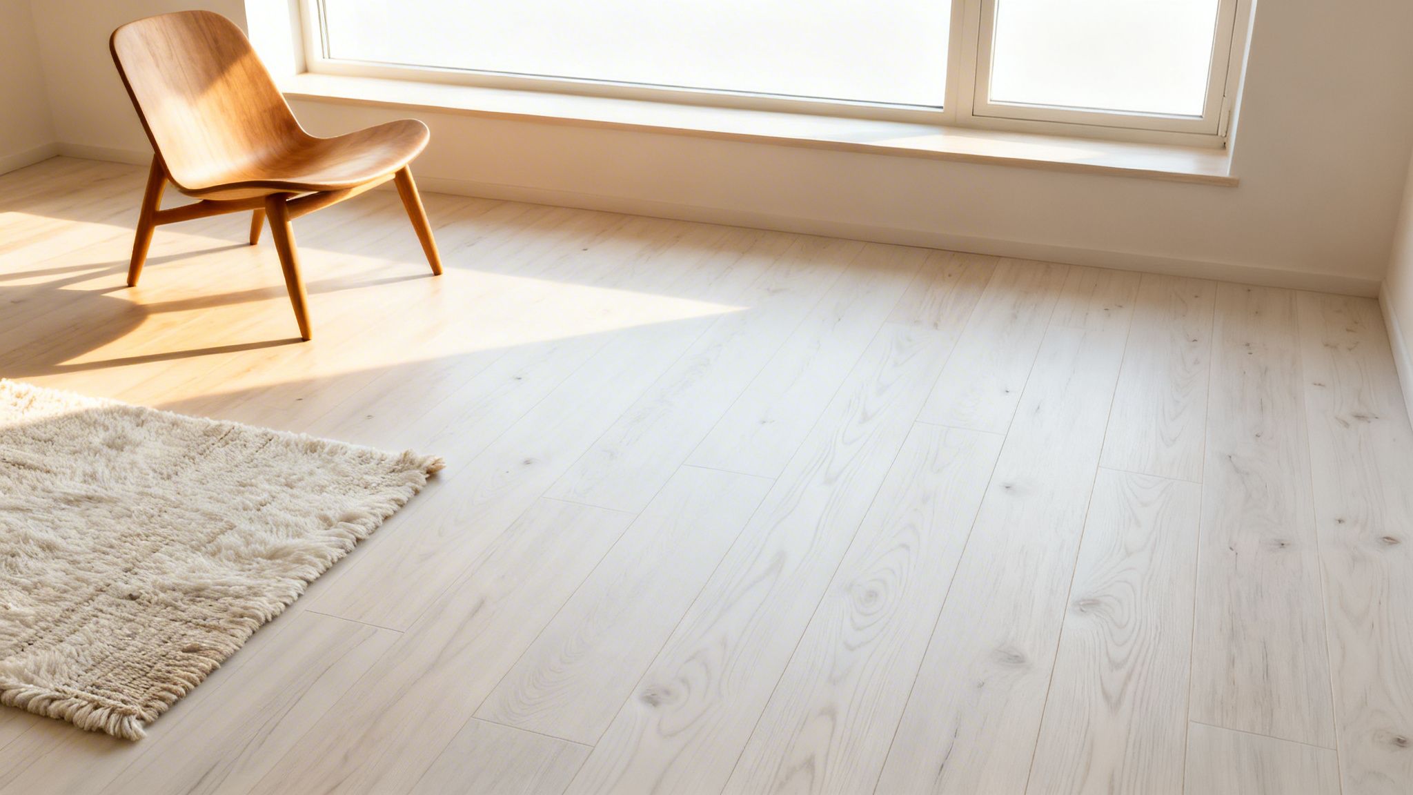Lyst trægulv med hvidolie, en moderne træstol og et cremet tæppe ved et vindue med sollys.