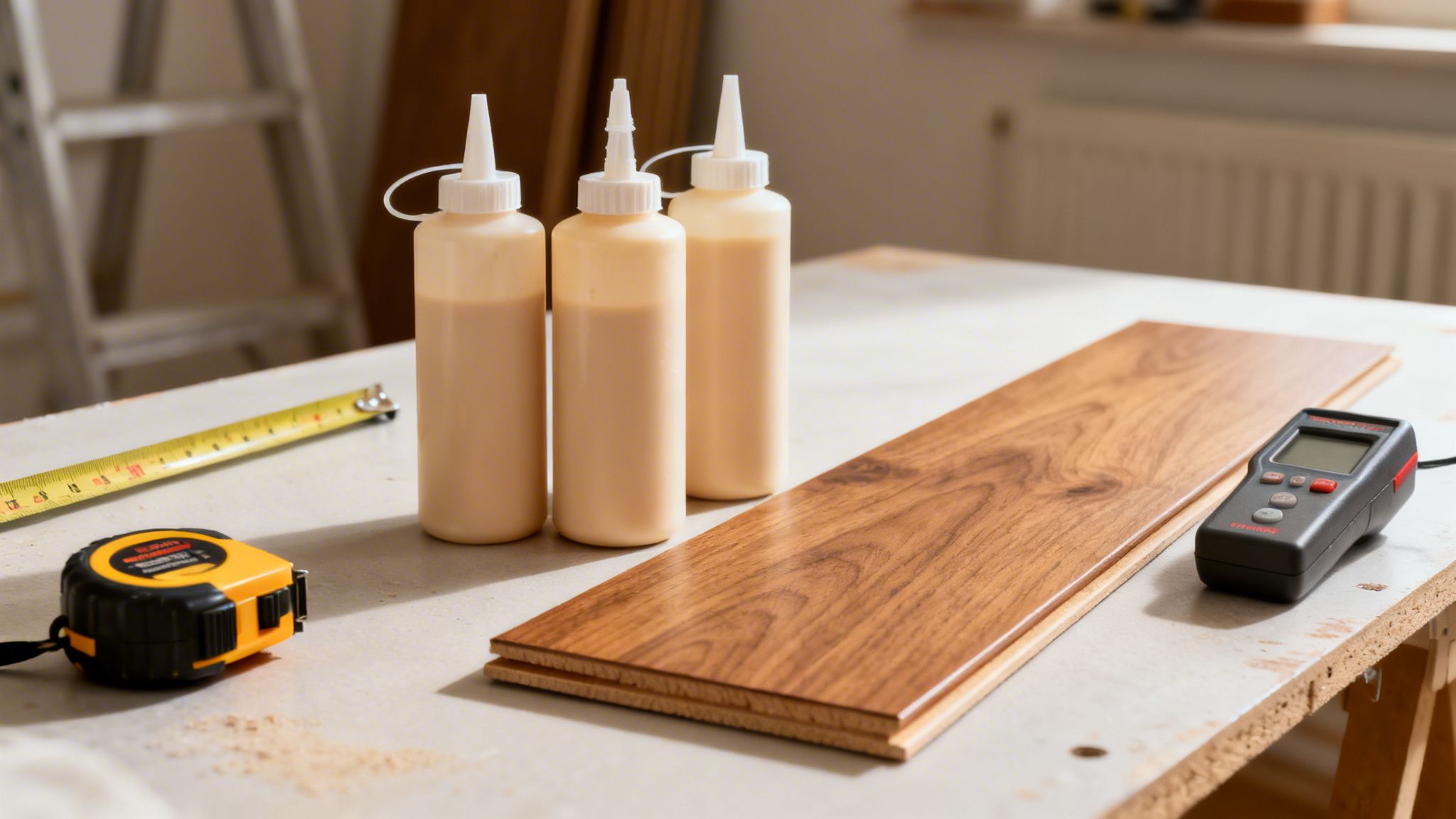 Værktøj og materialer til lægning af trægulv, inklusive gulvlim, målebånd, fugtmåler og gulvbrædder.
