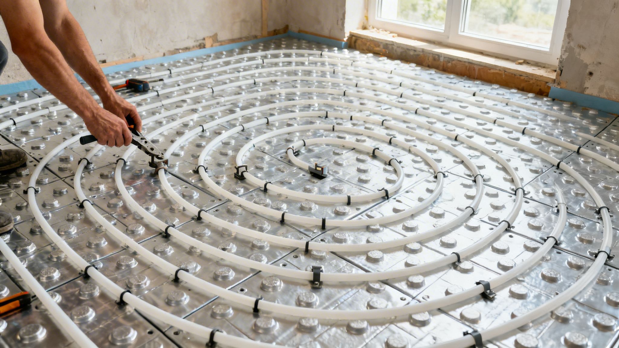 Mand installerer gulvvarmerør på isoleringsplader til undergulvvarme i et rum med udsigt til et vindue.