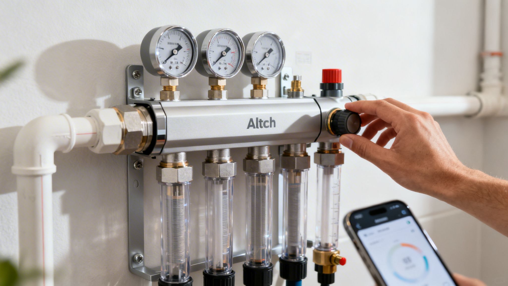 En person justerer et Altch gulvvarmefordelerrør med trykmålere og flowmålere, og en smartphone viser kontrolinterface.