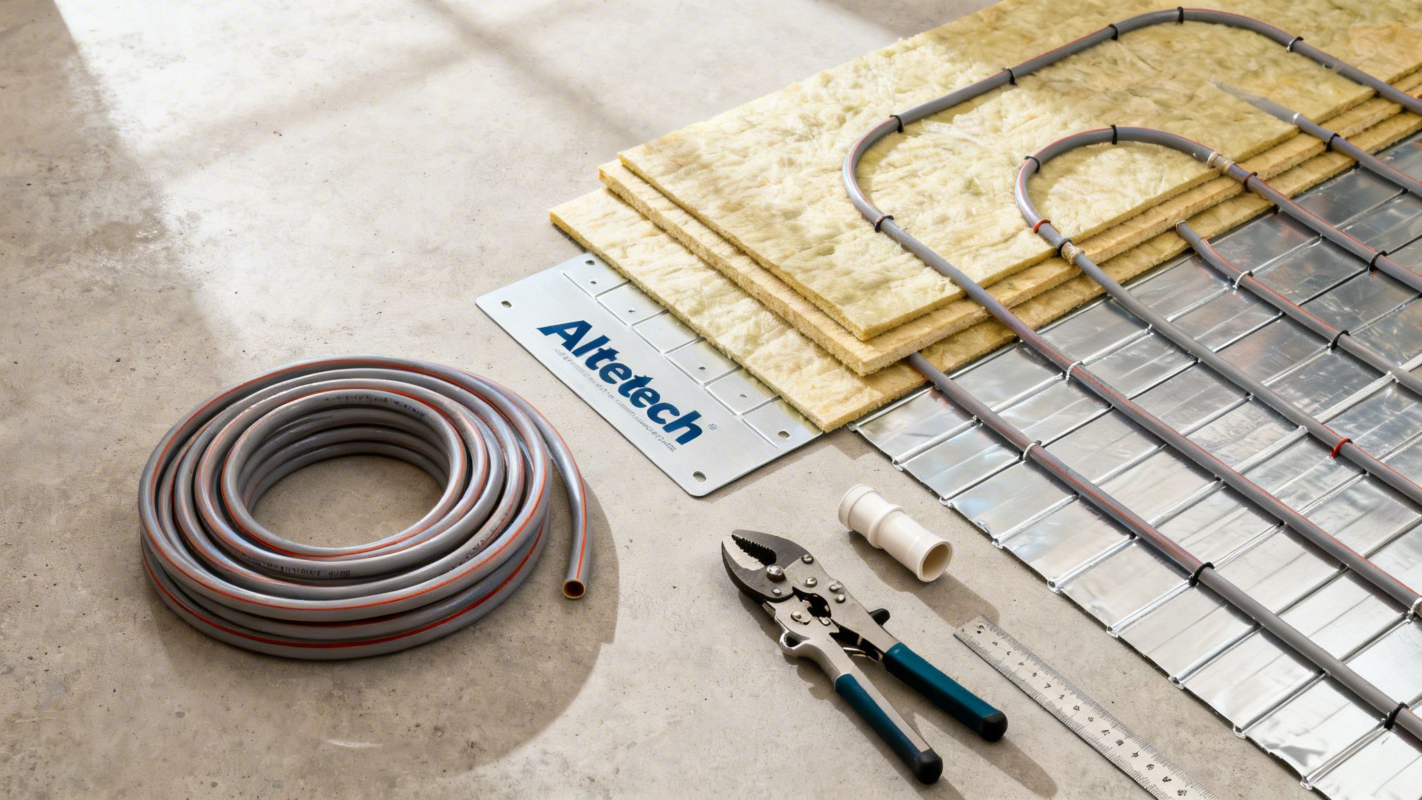 Komponenter til gulvvarmeinstallation, herunder isolering, rør, Altetech-plade og værktøj på et betongulv.