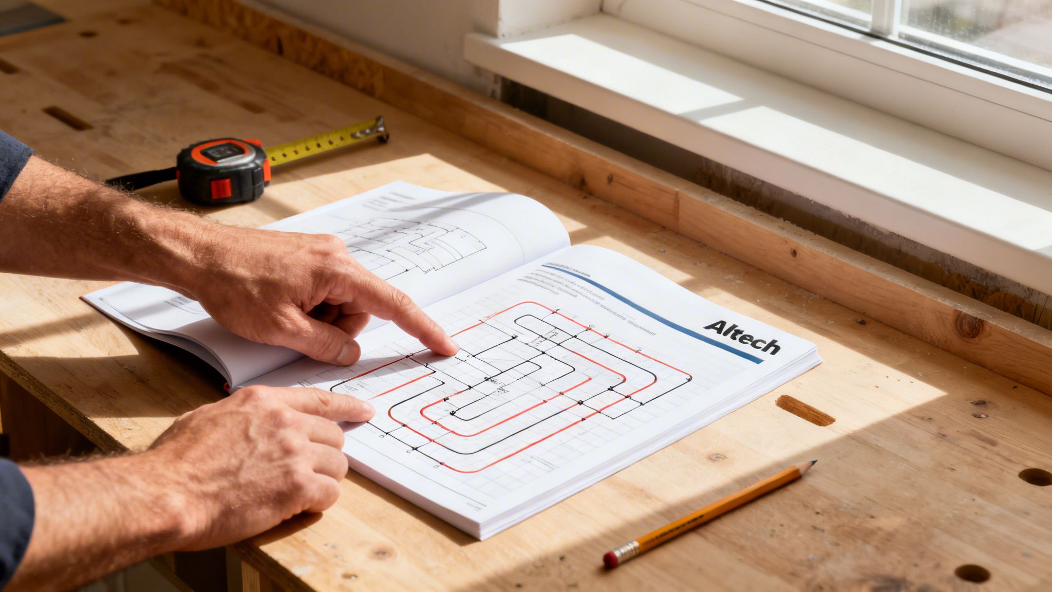 Mand læser Altech gulvvarmemanual på træbord, med tommestok og blyant. Hænder peger på et diagram.