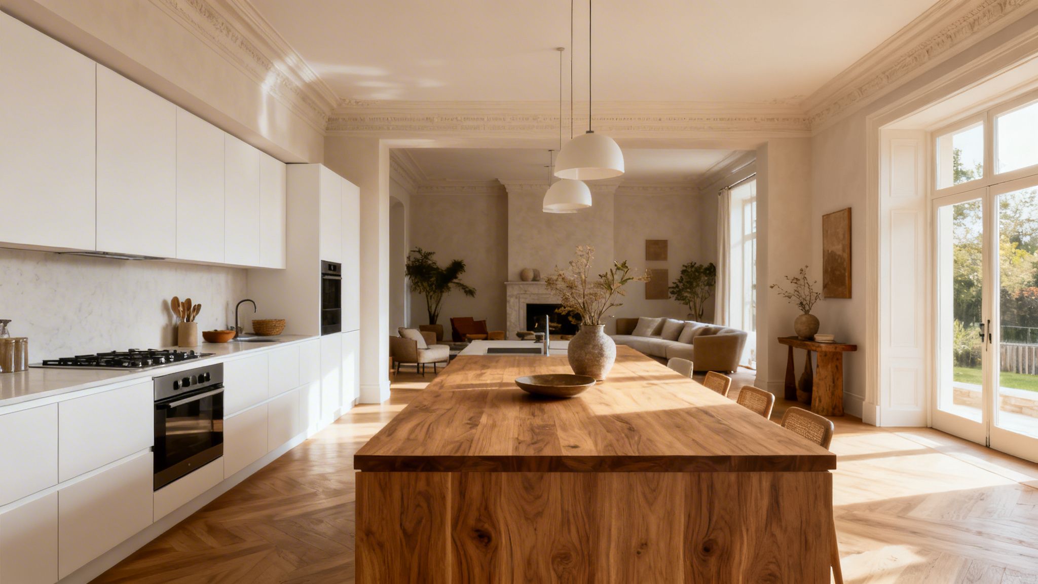 Et moderne køkken med en stor køkkenø af træ og hvide skabe i et lyst, elegant rum.