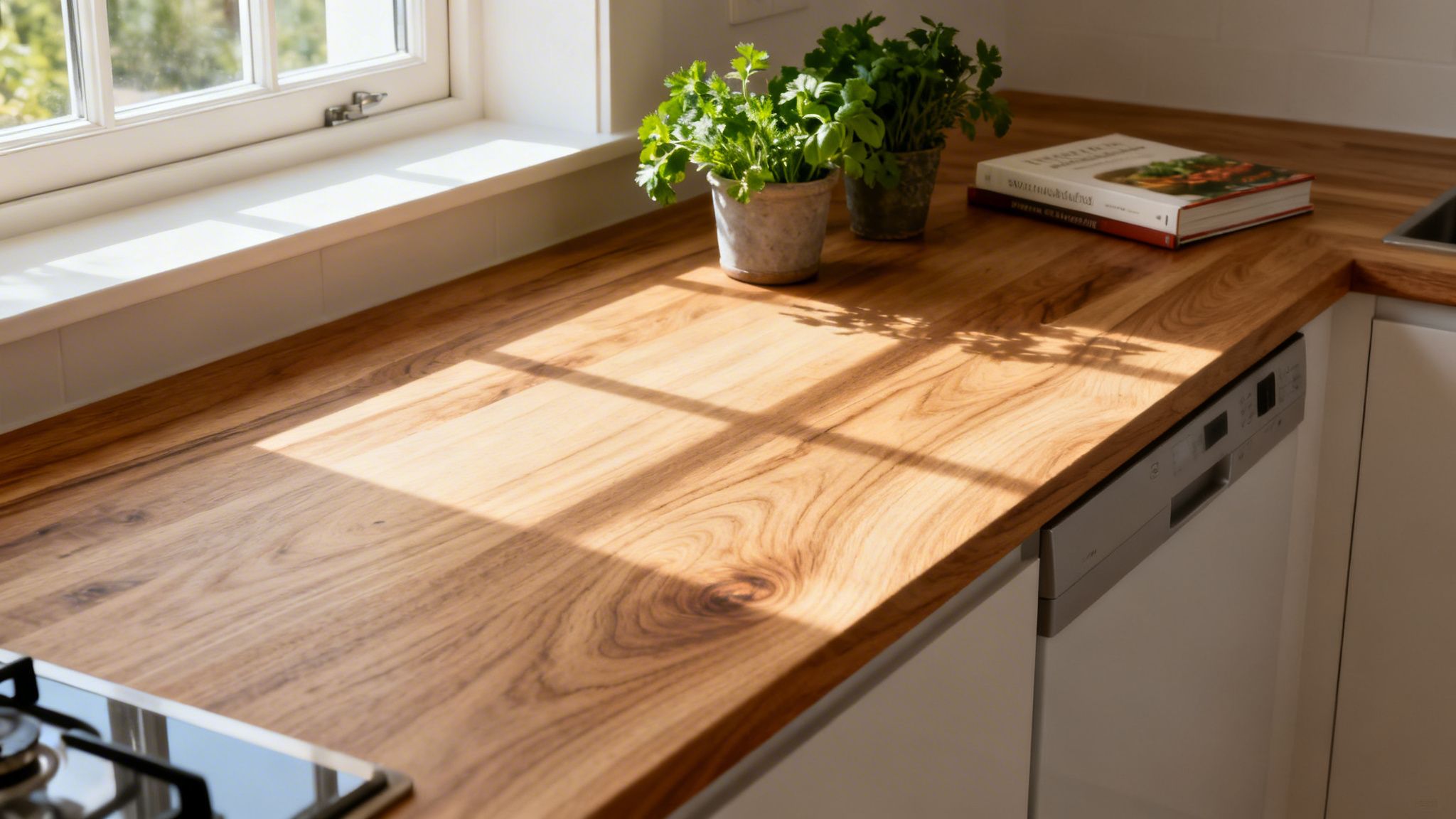 En lys træbordplade i ask med to urtepotter og en kogebog ved et soloplyst køkkenvindue.