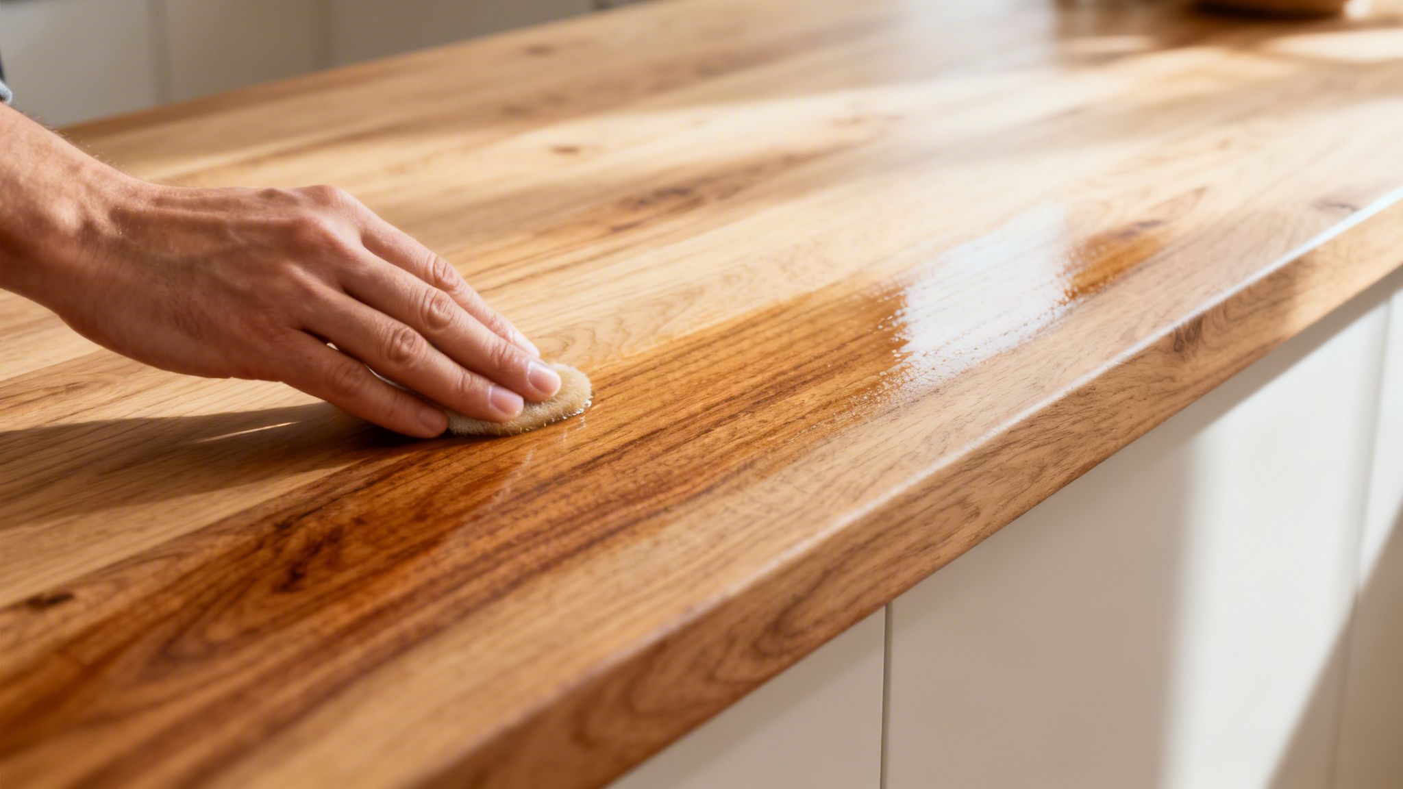 En hånd påfører beskyttende olie på en smuk bordplade i ask lavet af lyst træ i køkkenet.