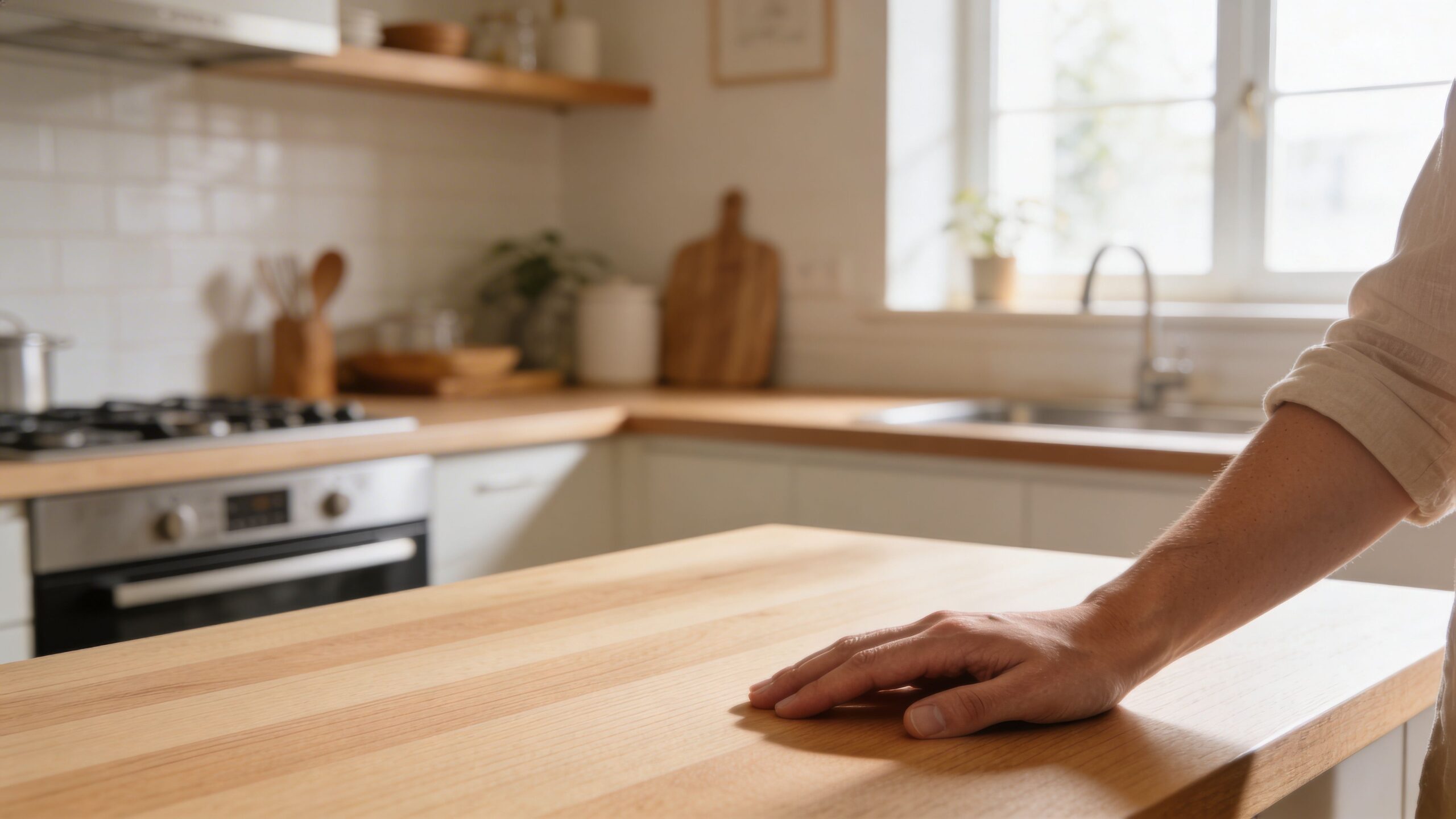 En hånd hviler på en moderne bordplade i lyst træ i et køkken med en vask i baggrunden