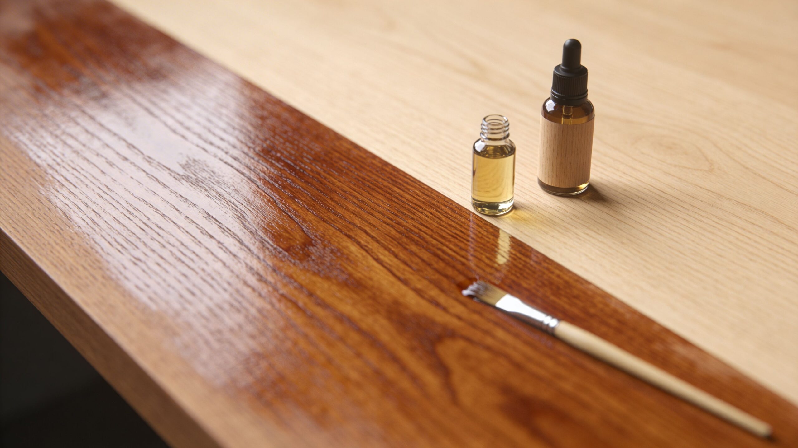 En halvbehandlet bordplade i bøg med olie, en pensel og en flaske til vedligeholdelse af træet.