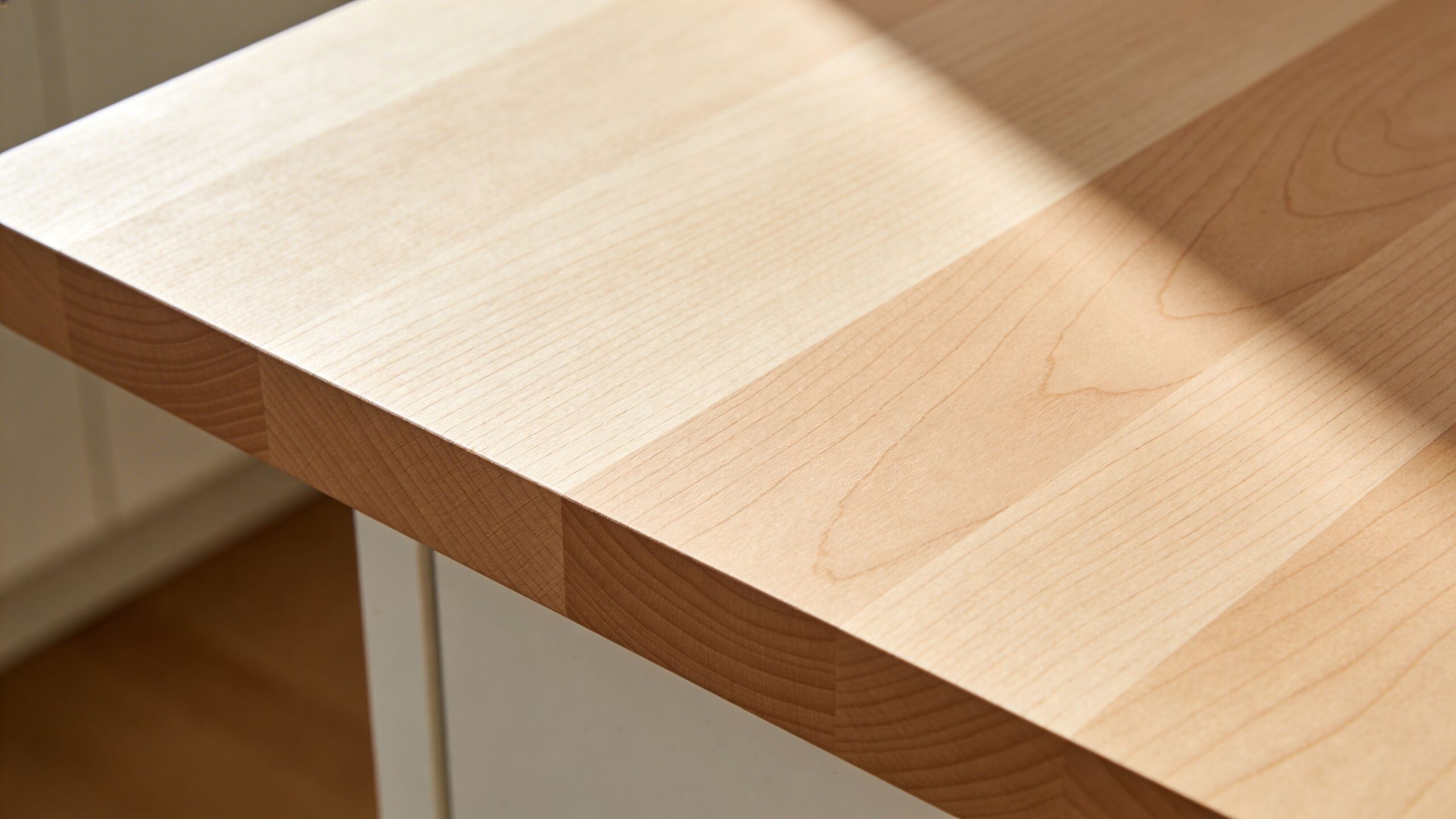 Nærbillede af en lys bordplade i bøg med synlige træårer og naturlig tekstur i et lyst køkken