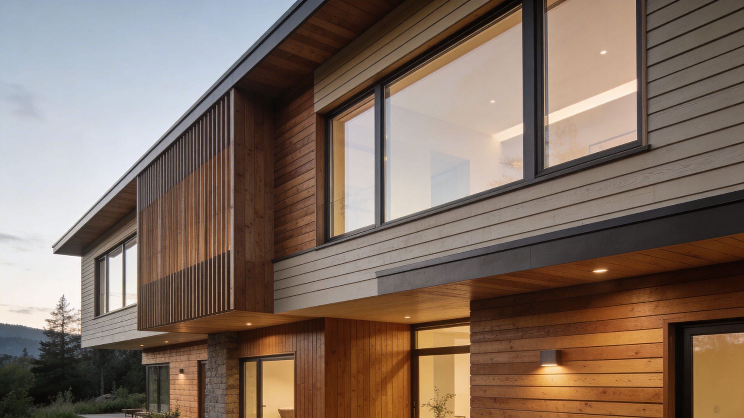 Moderne arkitektonisk villa med stilfuld kombination af cedertræ beklædning, sten og store vinduespartier i naturlige omgivelser.