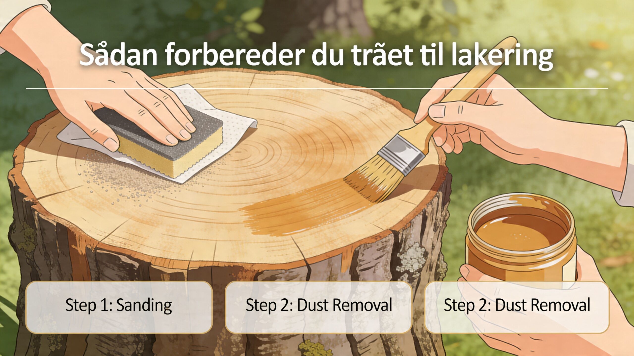 En person forbereder en træstub til lakering ved at slibe overfladen og fjerne støv med en svamp.