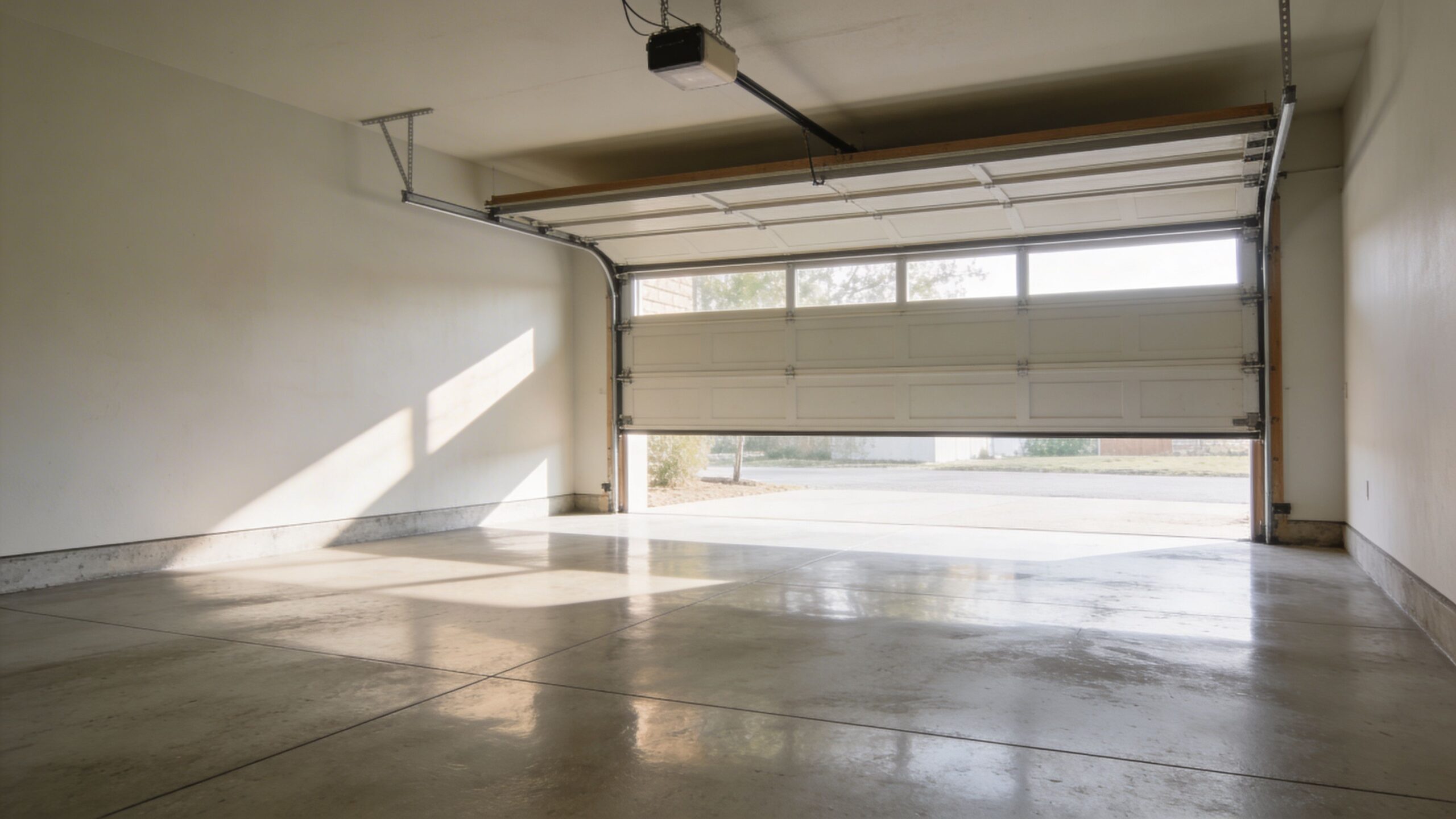Et lyst, tomt garageinteriør med poleret betongulv og en halvåben garageport, der lader dagslys strømme ind udefra.