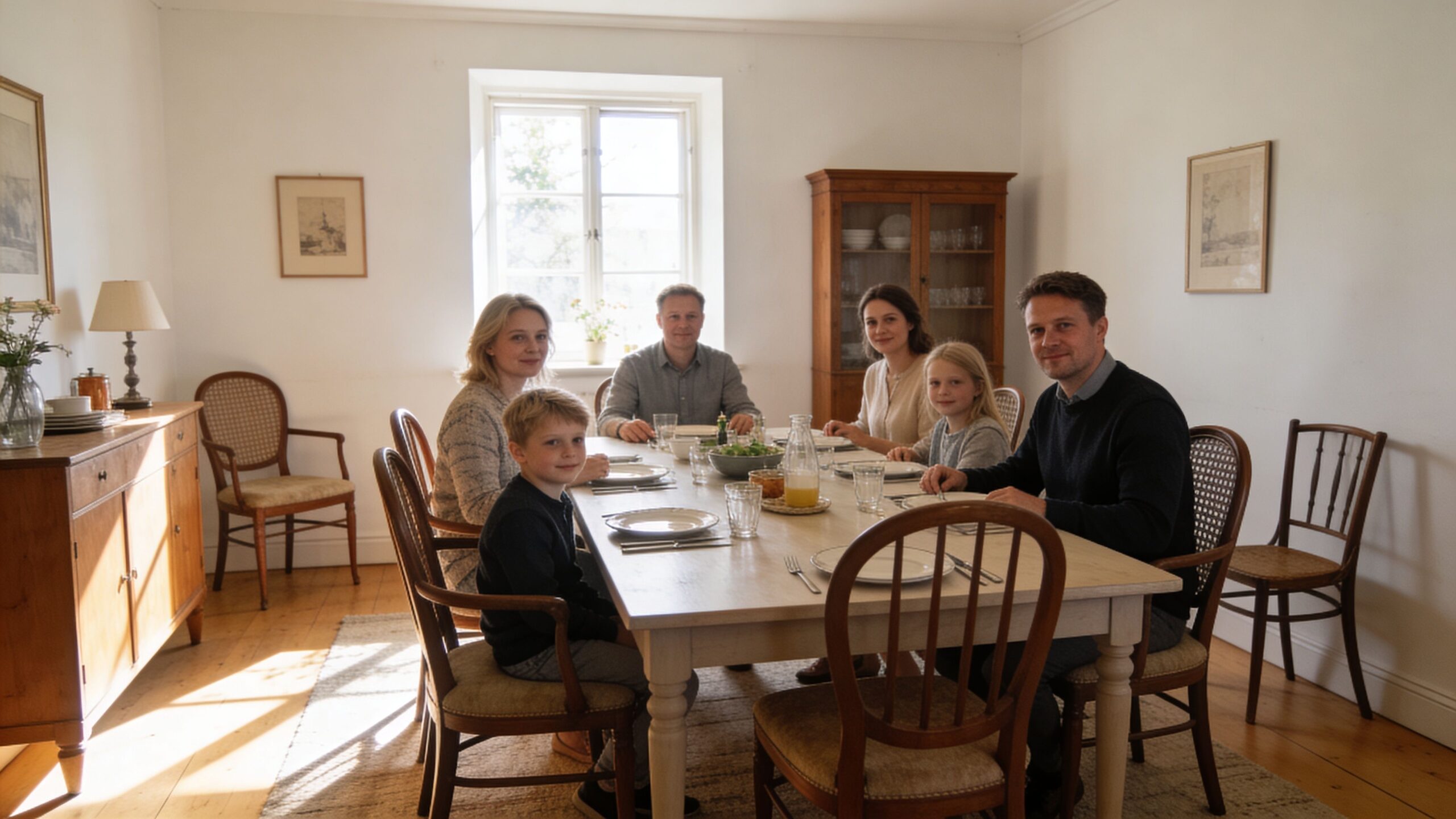 En familie samlet omkring et lyst spisebord af træ til en hyggelig middag i en lys spisestue.