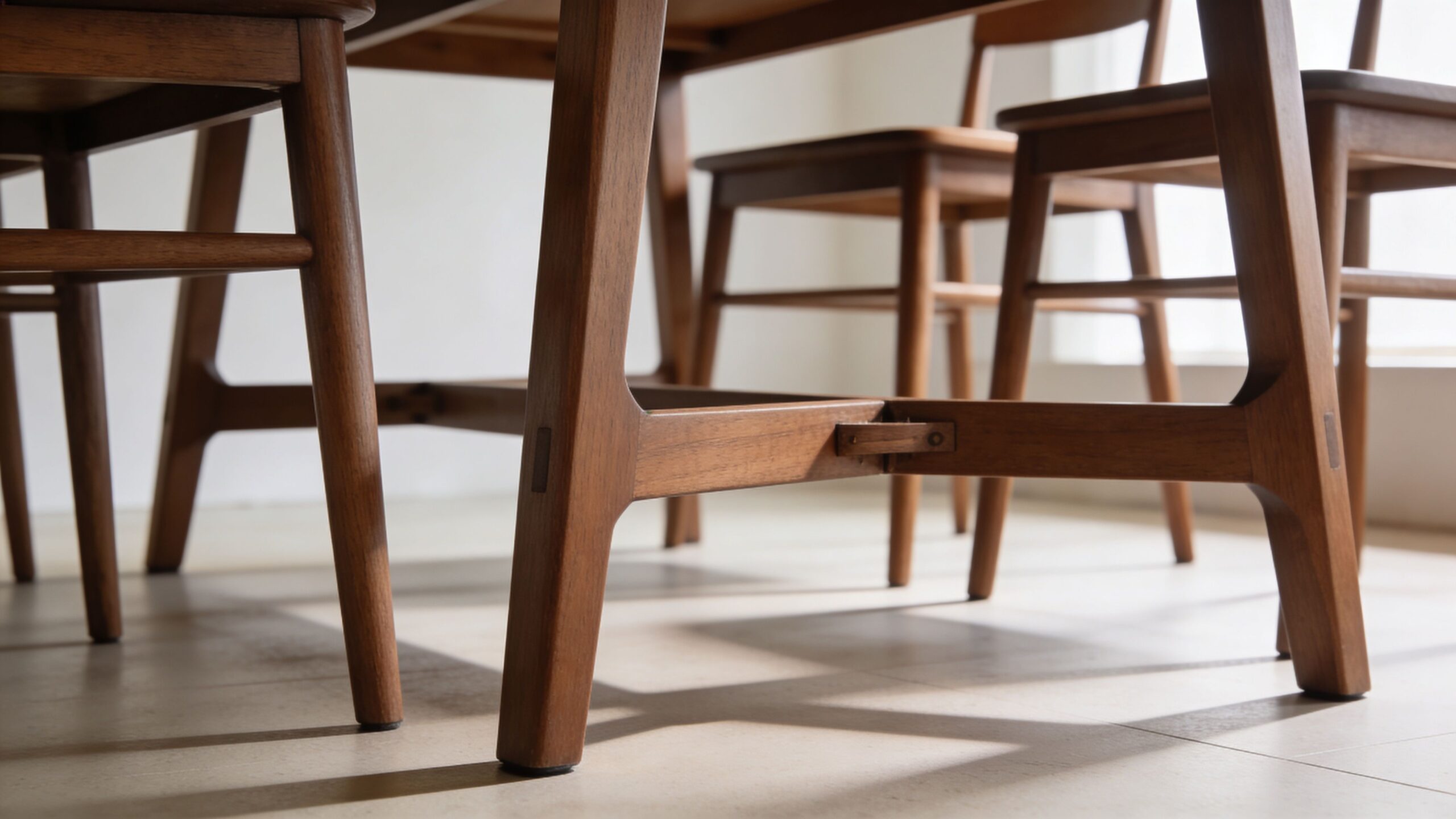 Nærbillede af træben og stel på et moderne spisebord placeret i et lyst og minimalistisk rum.