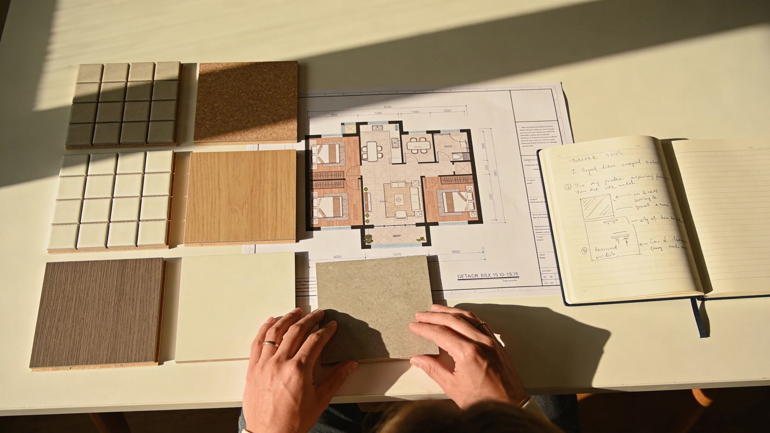 Arkitekt arbejder på indretningsprojekt med materialeprøver, plantegning og håndskrevne noter på et lyst kontorbord i sollys.