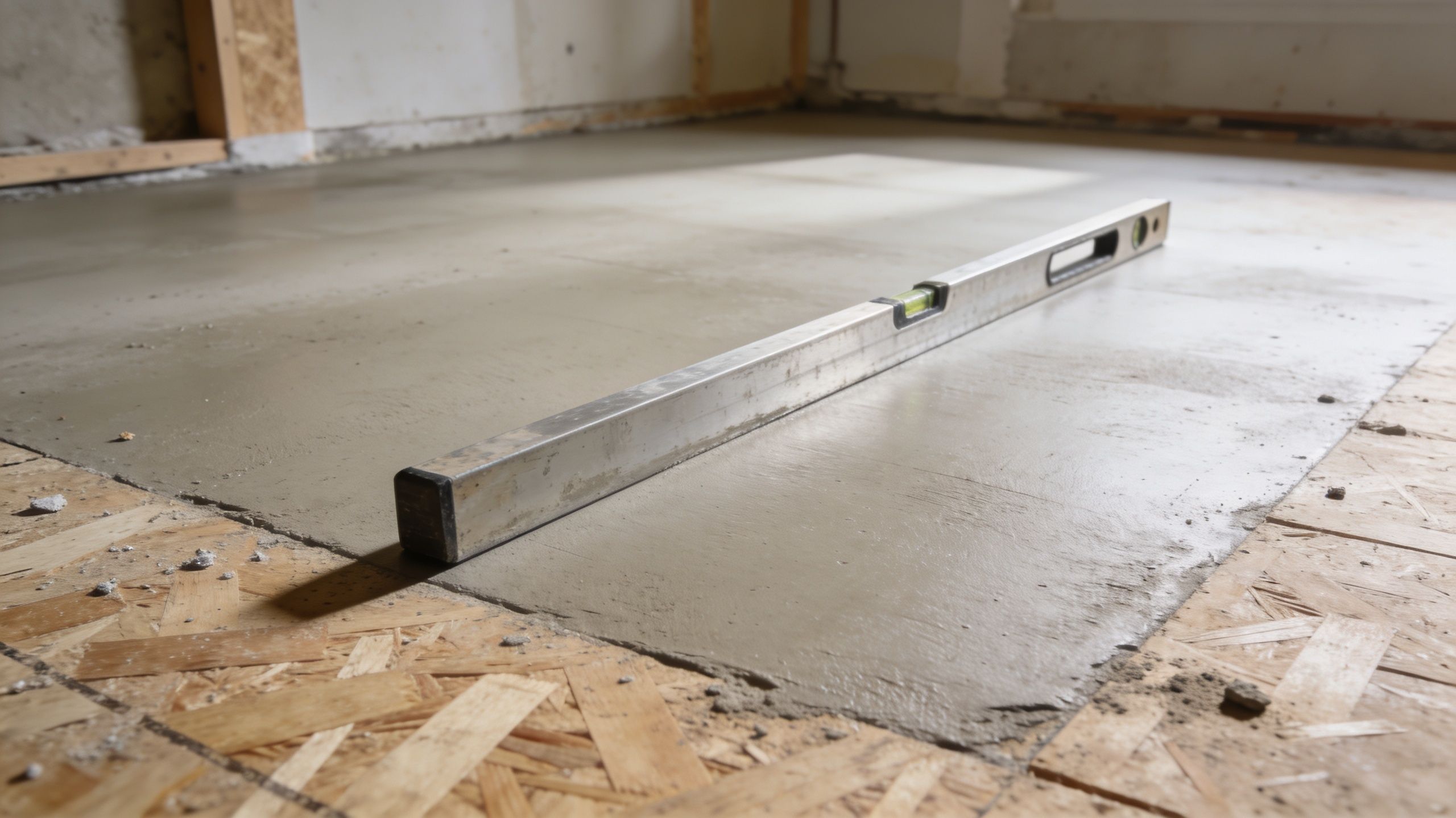 Et vaterpas ligger på et nyudstøbt betongulv ovenpå et underlag af krydsfinerplader under en renovering.