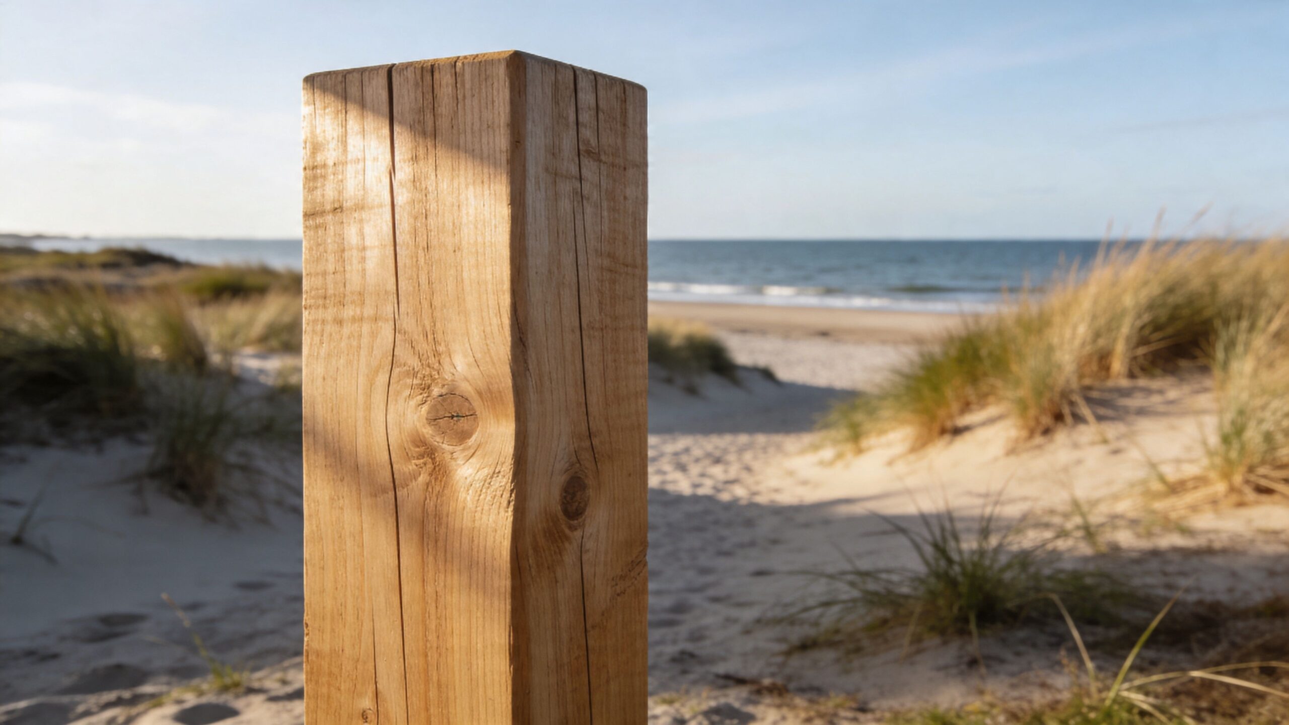 En lodret træpæl af thermo fyr placeret i et smukt klitlandskab med udsigt over havet.