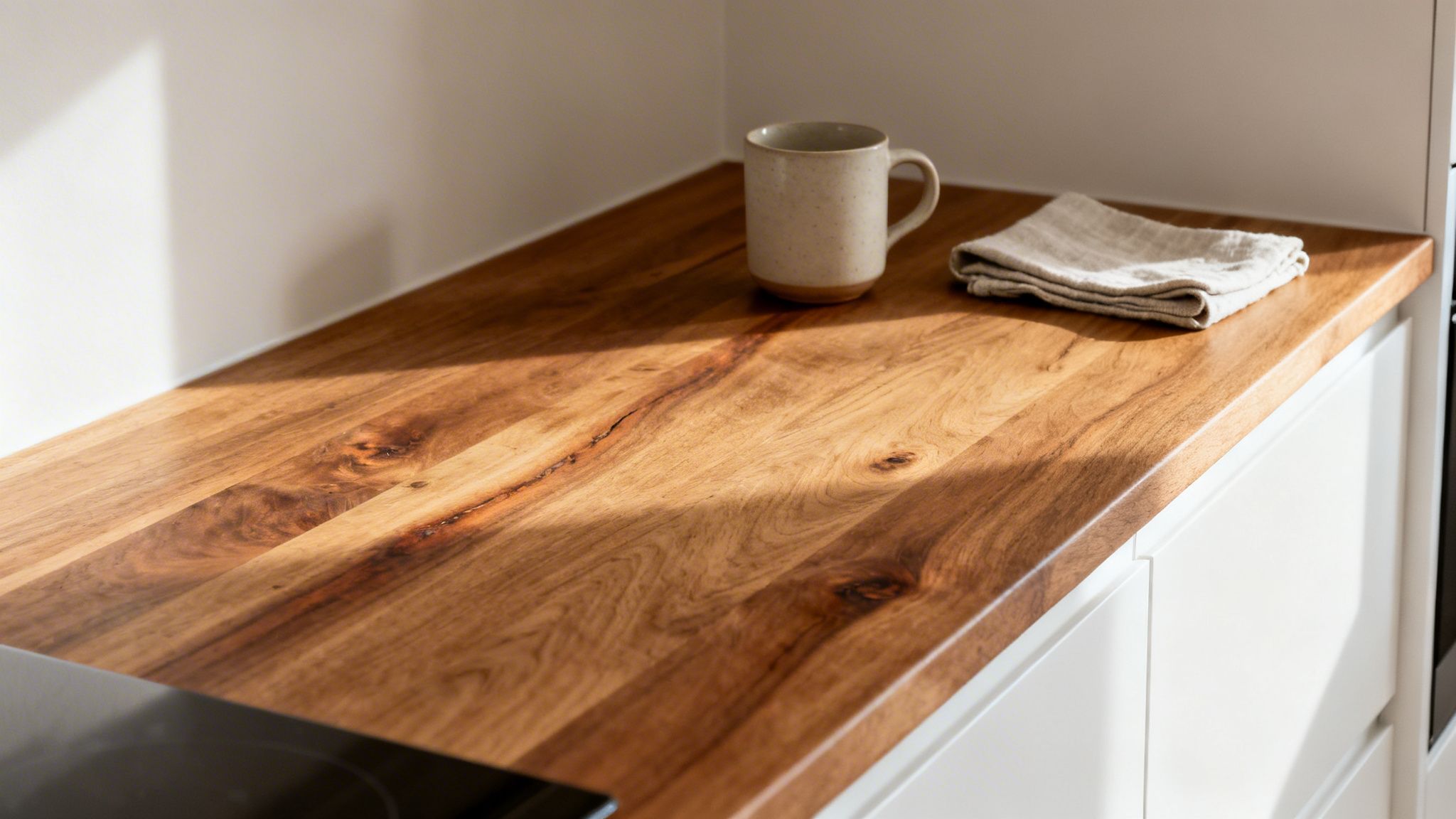 Træbordplade i køkkenet med en kop og en klud, oplyst af sollys.
