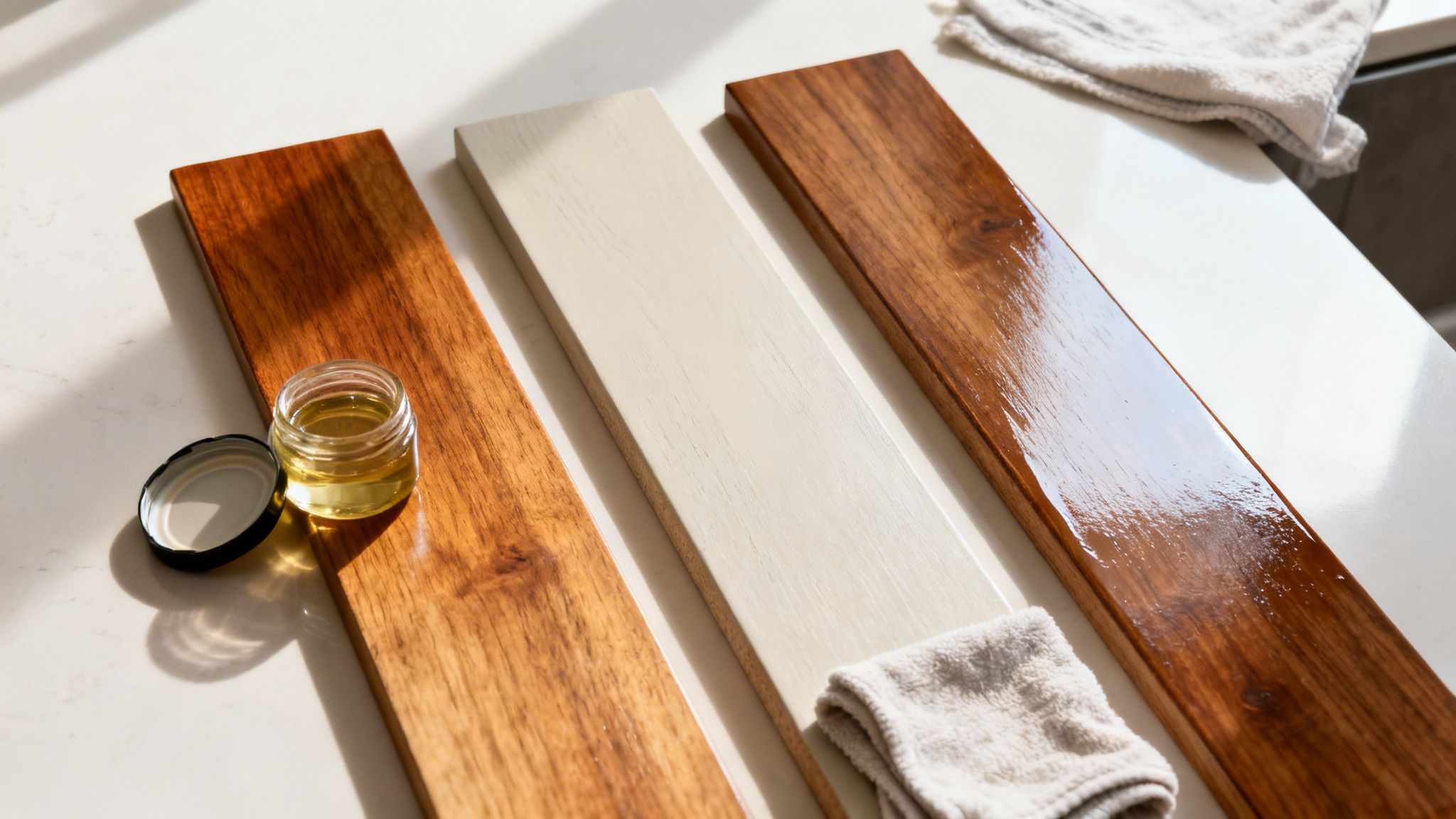 Tre træplanker i forskellige farver, en med olie, og en krukke træolie på en bordplade.