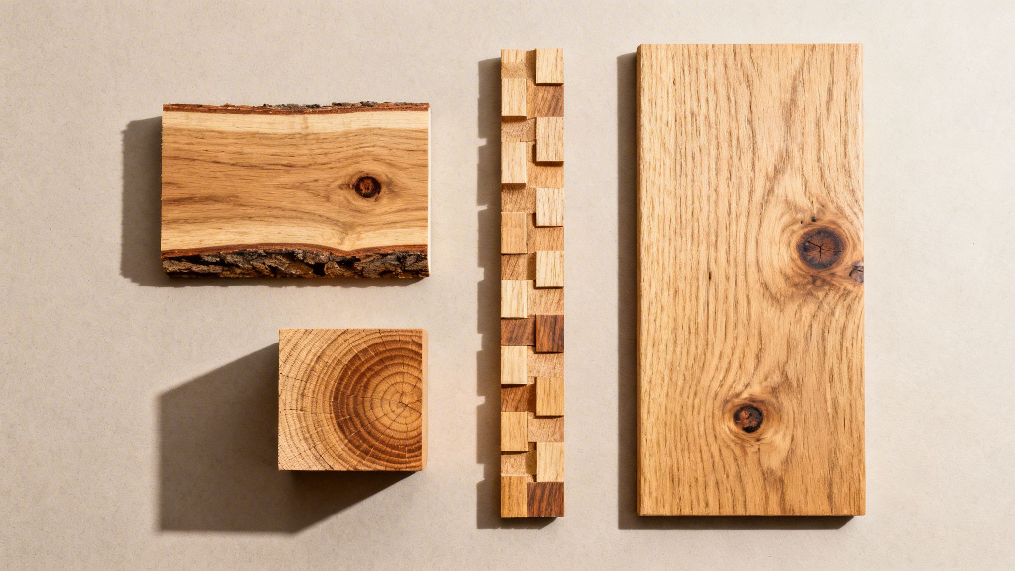 En samling af træprøver: planker med bark, en træblok og en dekorativ liste på lys baggrund.