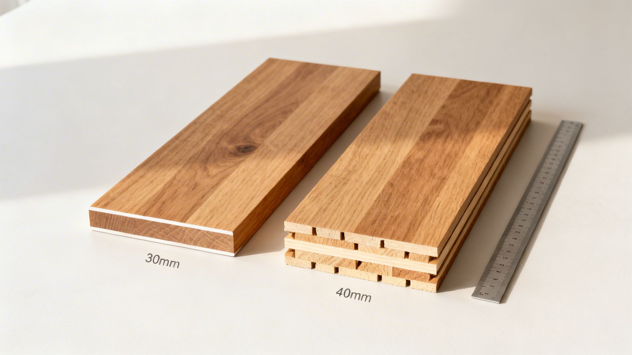 To forskellige egeplader, en massiv 30mm og en 40mm lamelplade, med lineal på en hvid overflade.