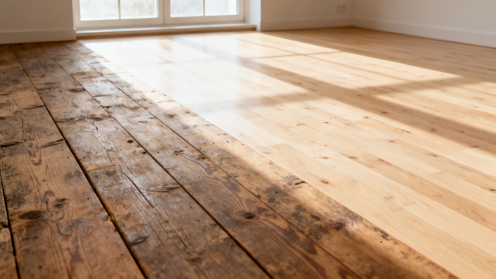 Et trægulv i et rum, der viser en før- og efterbehandling med sollys fra et vindue.