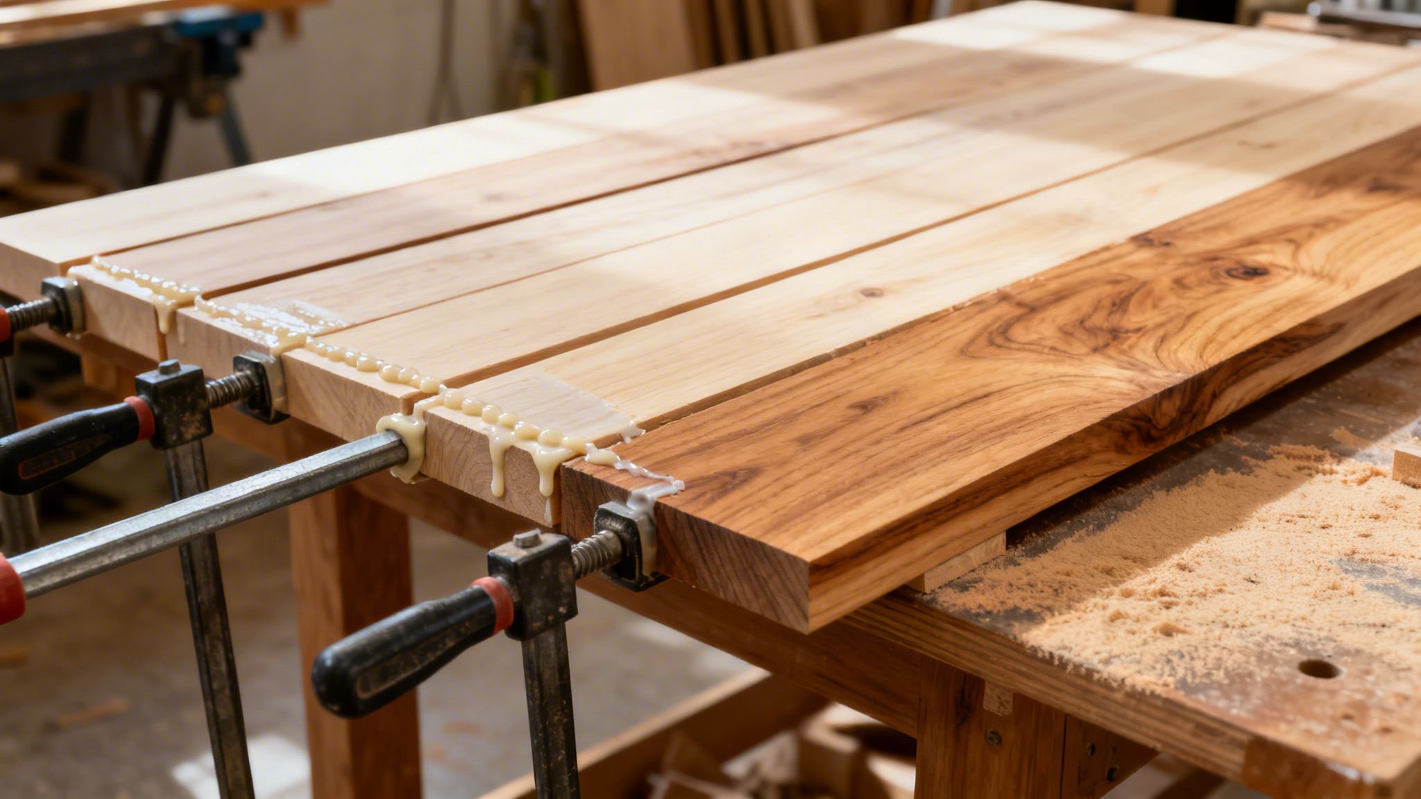 Træplanker limes sammen med trælim og tvinger på et værkstedsbord, klar til at blive et bord.