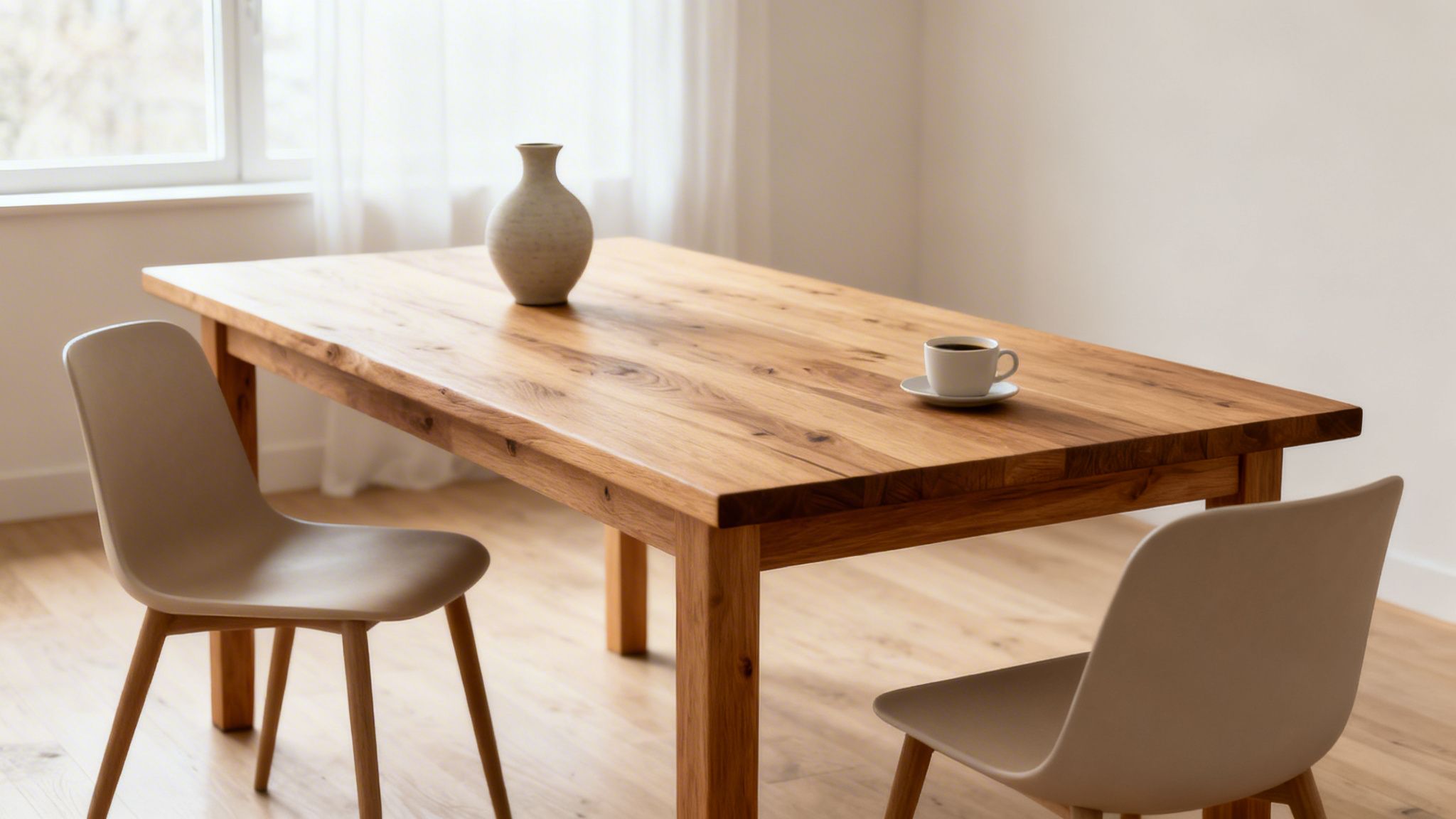 Et moderne spisebord i træ med to stole, en vase og en kop kaffe.