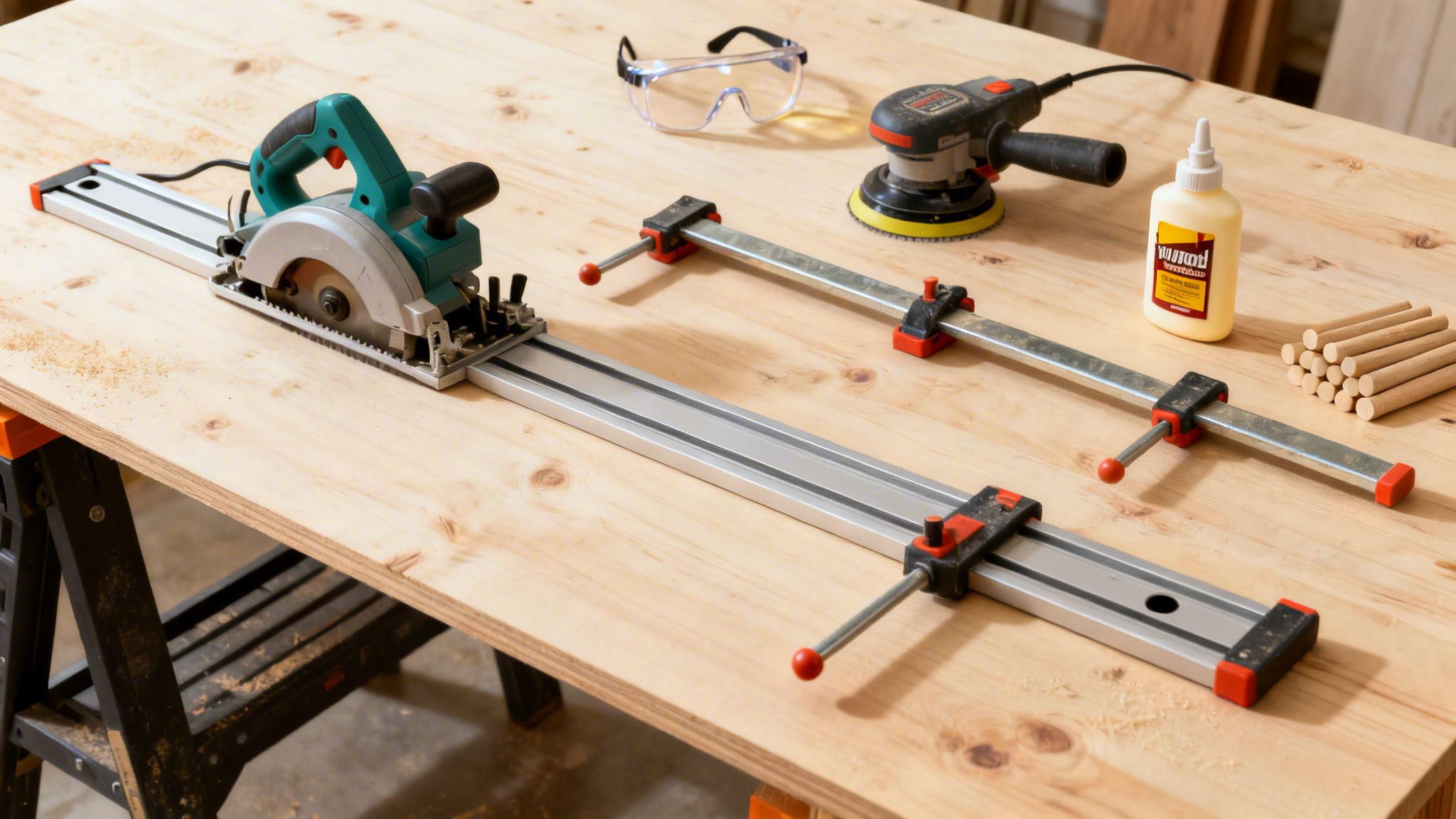 Forskellige træbearbejdningsværktøjer på et træbord: rundsav, sikkerhedsbriller, sliber, lim og trædyvler.