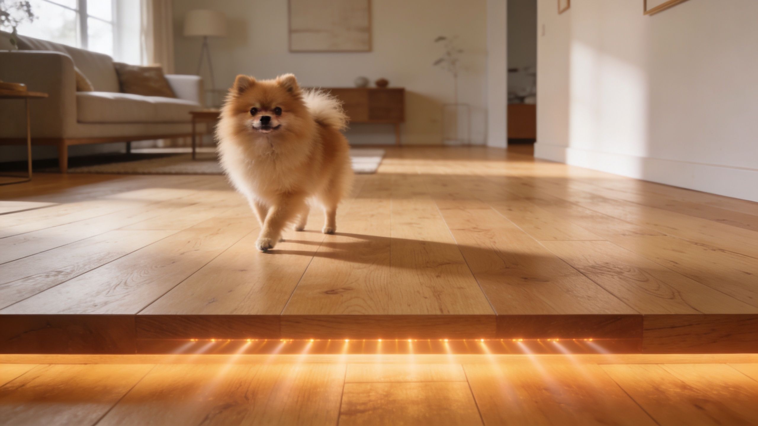 En sød pomeranian hund går på et flot lyst trægulv med integreret varm belysning i stuen.