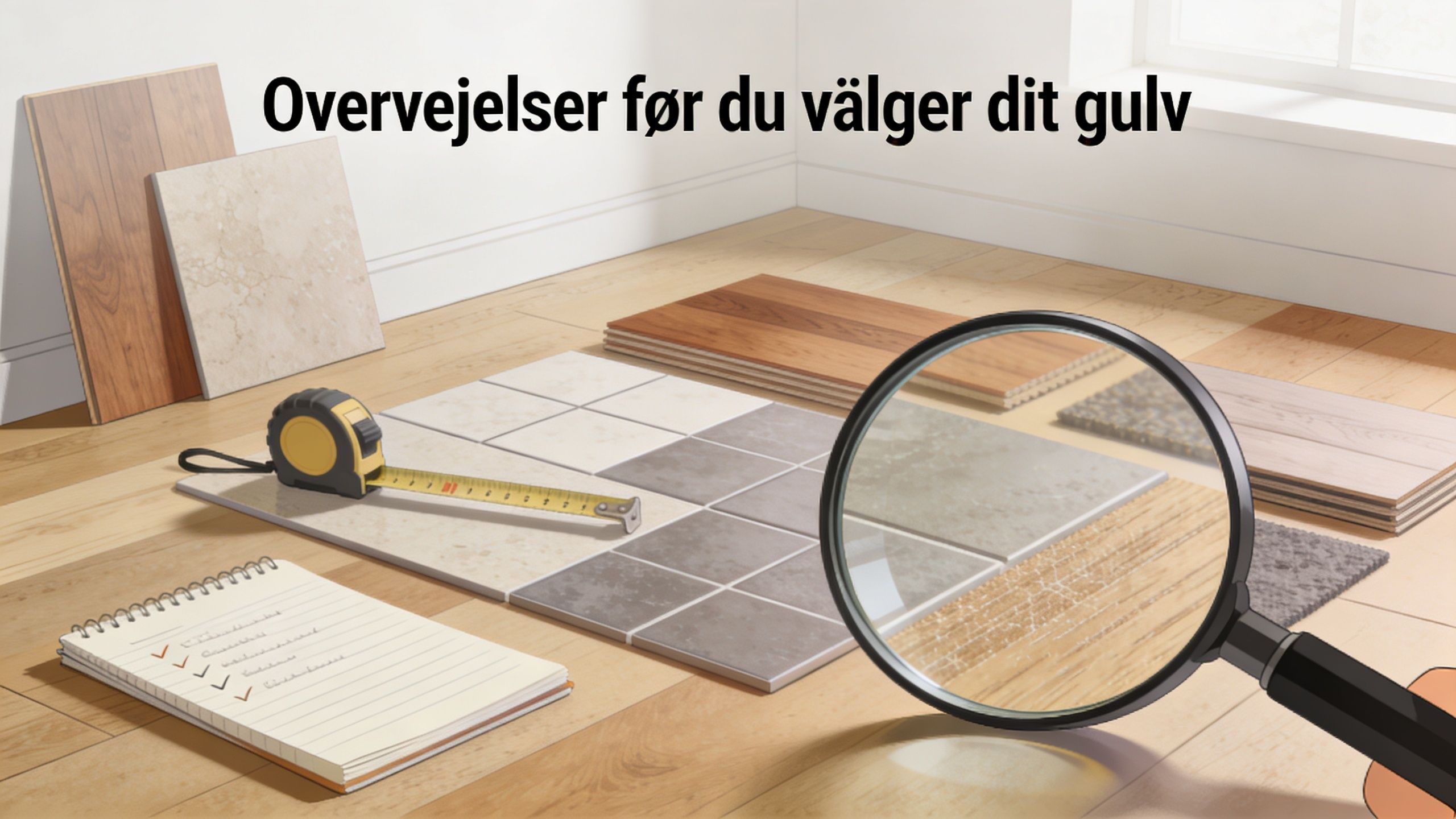En oversigt over overvejelser ved valg af gulvtyper vist med prøver, målebånd, blok og et forstørrelsesglas.
