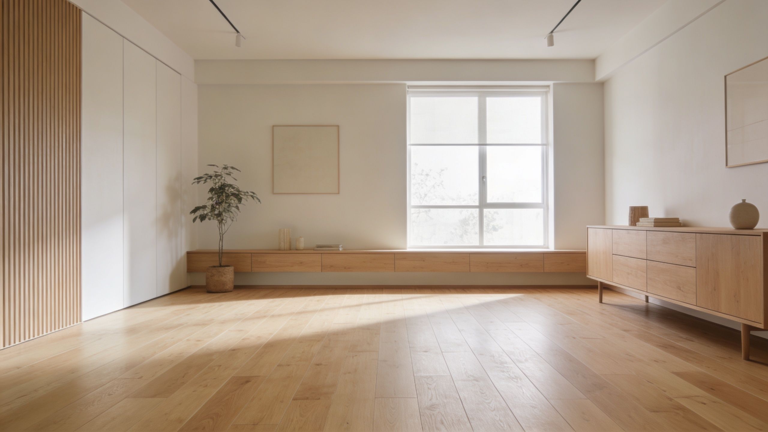 Et lyst og minimalistisk rum med et smukt gulv af pommersk fyrretræ og stilfulde møbler i træ.