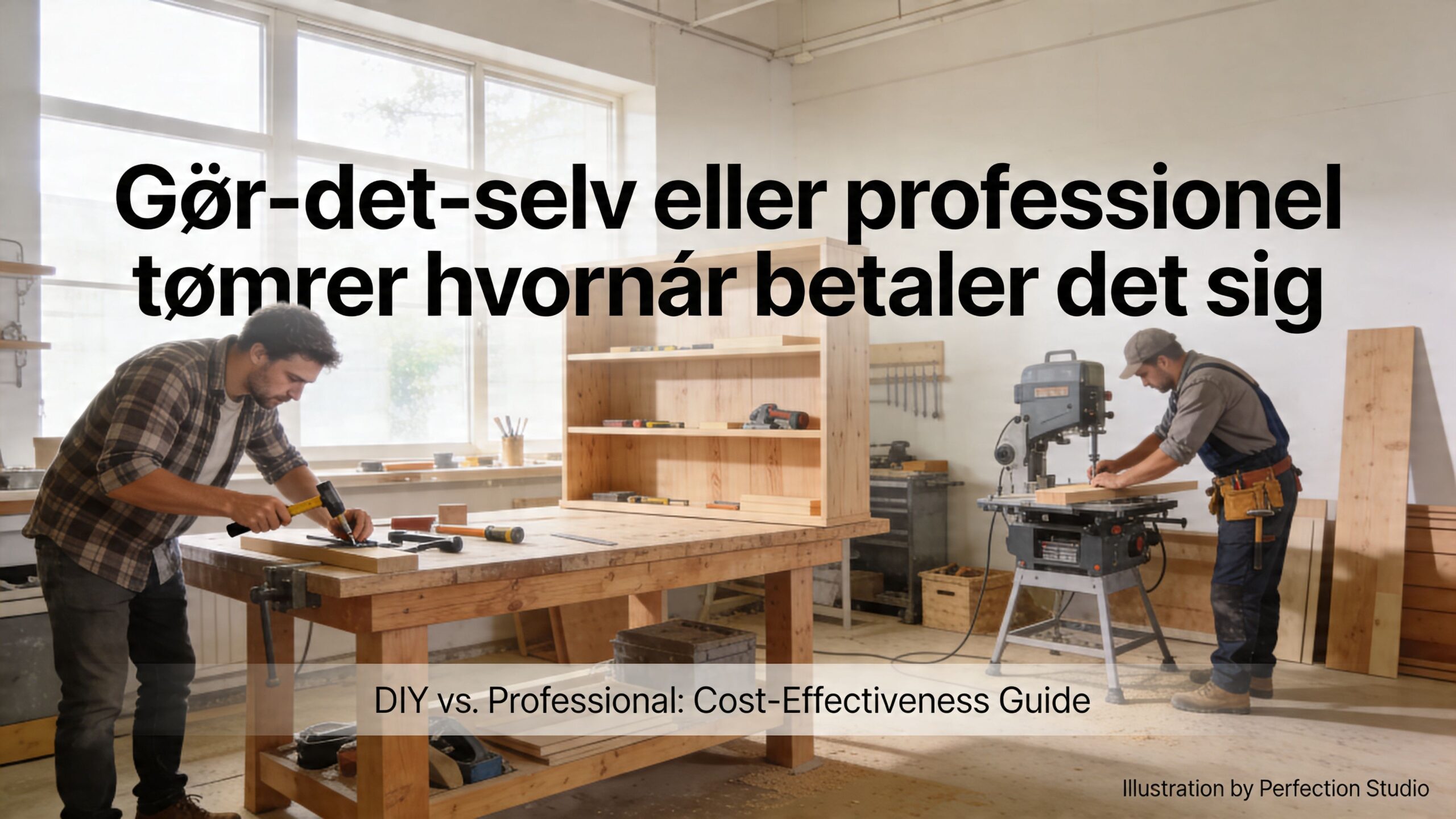 En snedker og en gør-det-selv entusiast arbejder på træprojekter i et veludstyret værksted med værktøj og materialer.
