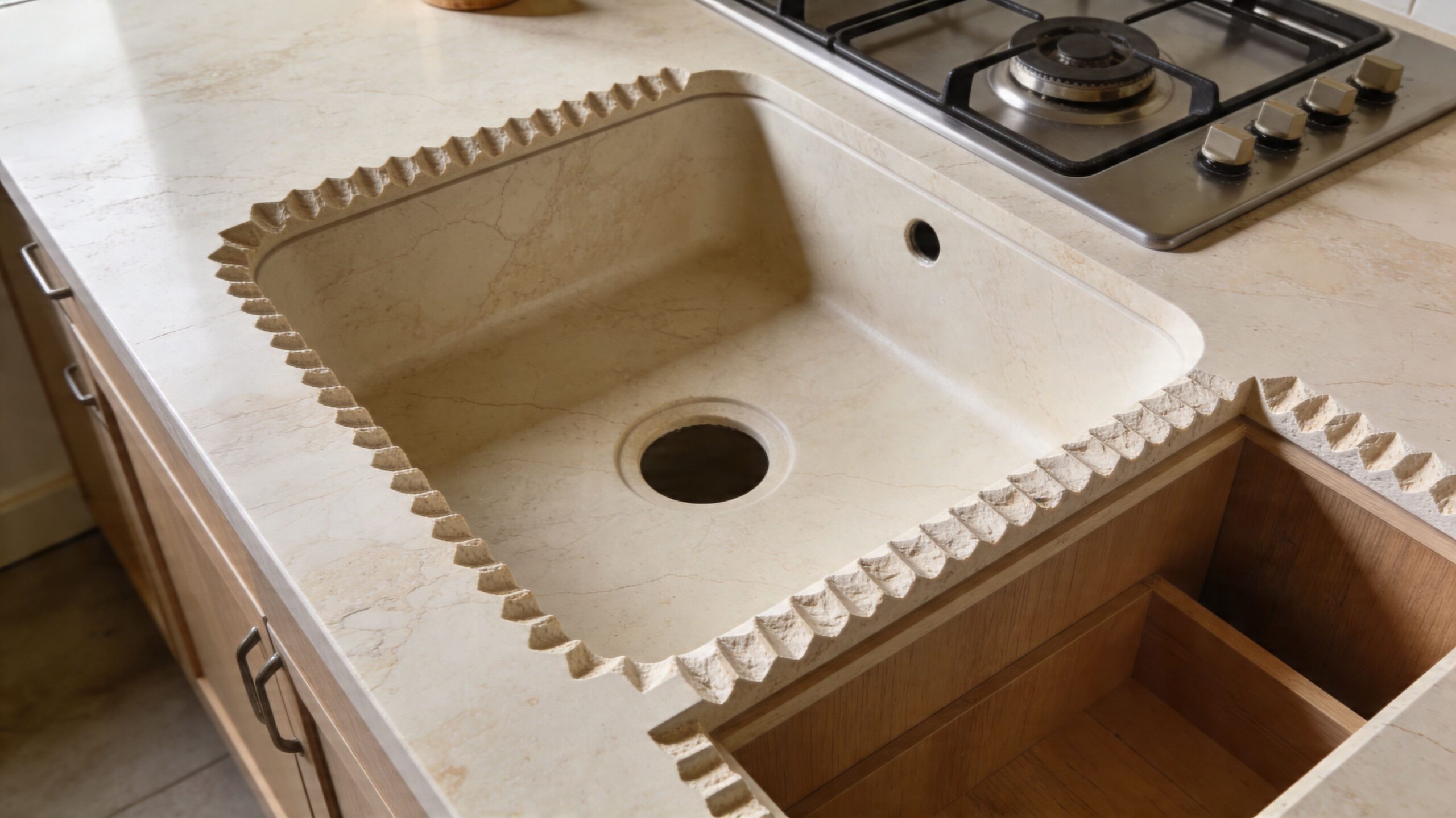 Køkkenvask i beige natursten med unikke udskårne kanter integreret i en matchende bordplade ved siden af komfuret.
