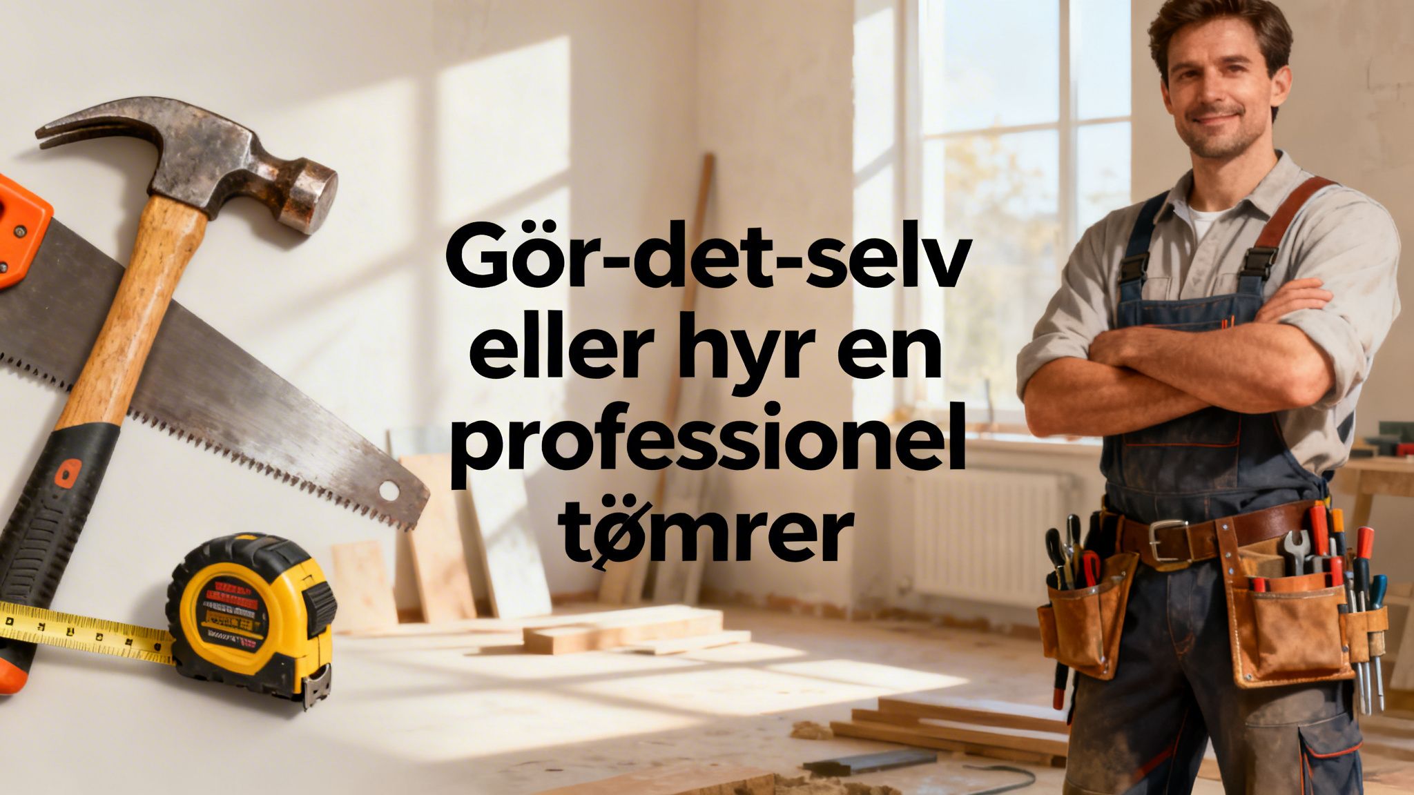 En professionel tømrer står i et værksted med værktøj ved siden af tekst om gør-det-selv eller hjælp.