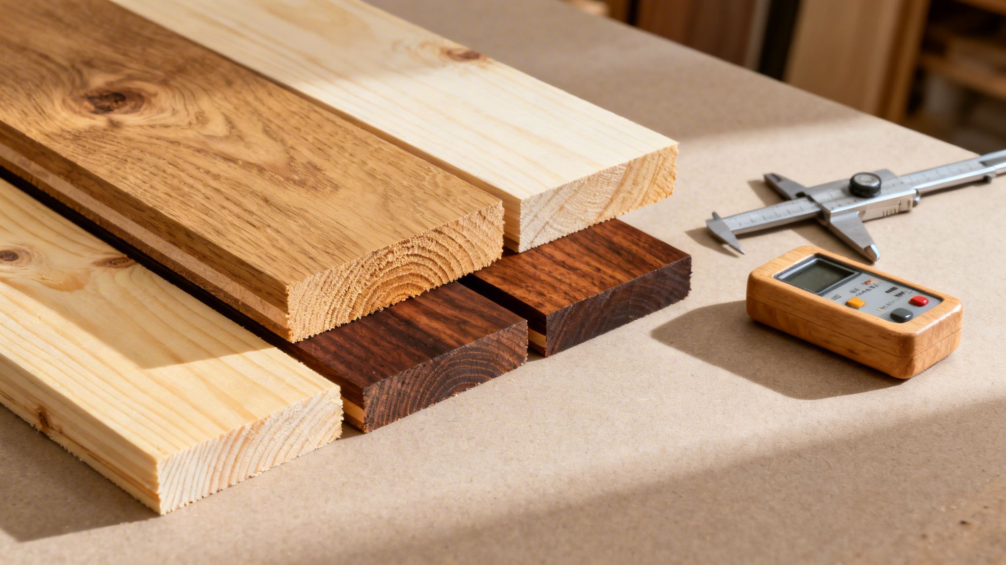 Træplanker i forskellige træsorter og farver, herunder en skydelære og et fugtmåler, på en arbejdsbænk.