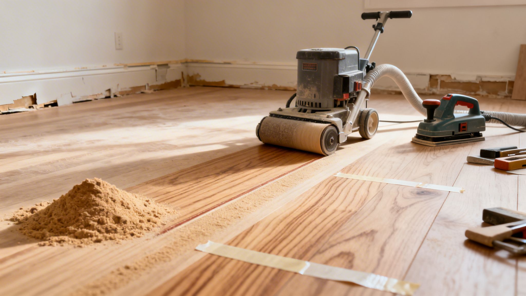 Slibning af trægulv med gulvsliber og savsmuld, der viser gulvrenovering i et rum.