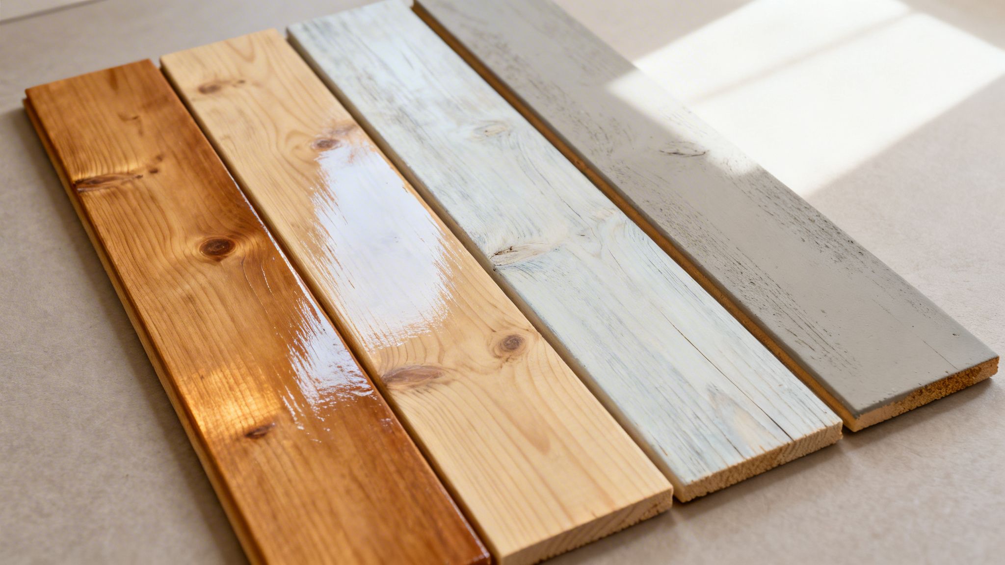 Billede af forskellige behandlede fyrretræsprøver, der viser bejdse, lak og maling.