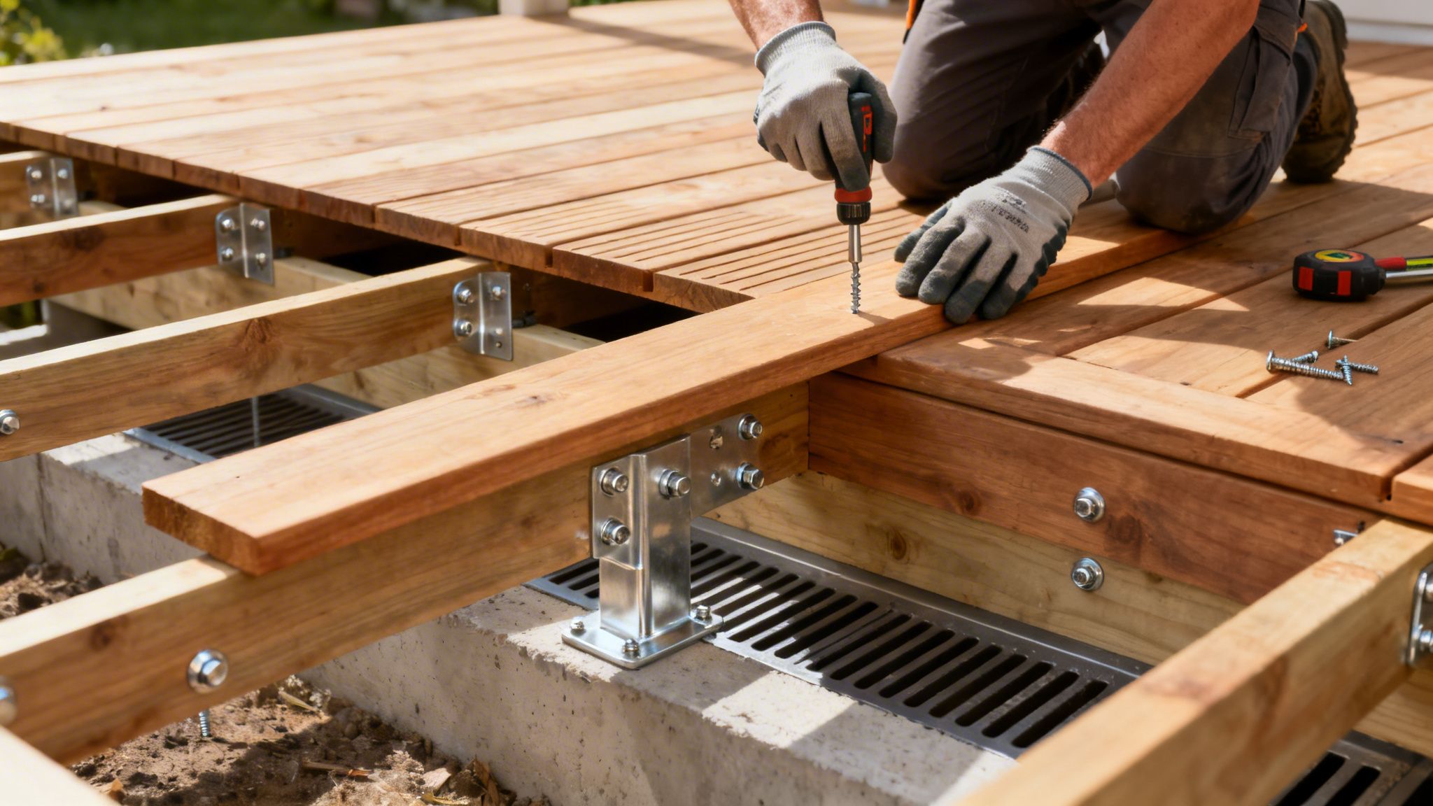 En person monterer et trædæk med en skruetrækker, der viser byggeprocessen med bjælker og skruer.