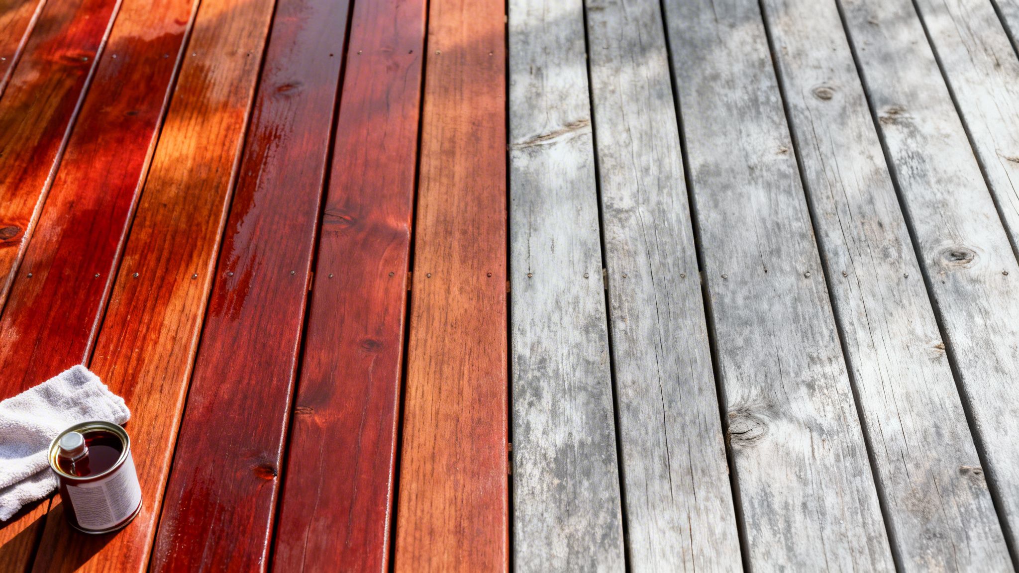 Et trædæk, der er halvt bejdset i rødbrun og halvt ubehandlet gråt, med en dåse bejdse og klud.