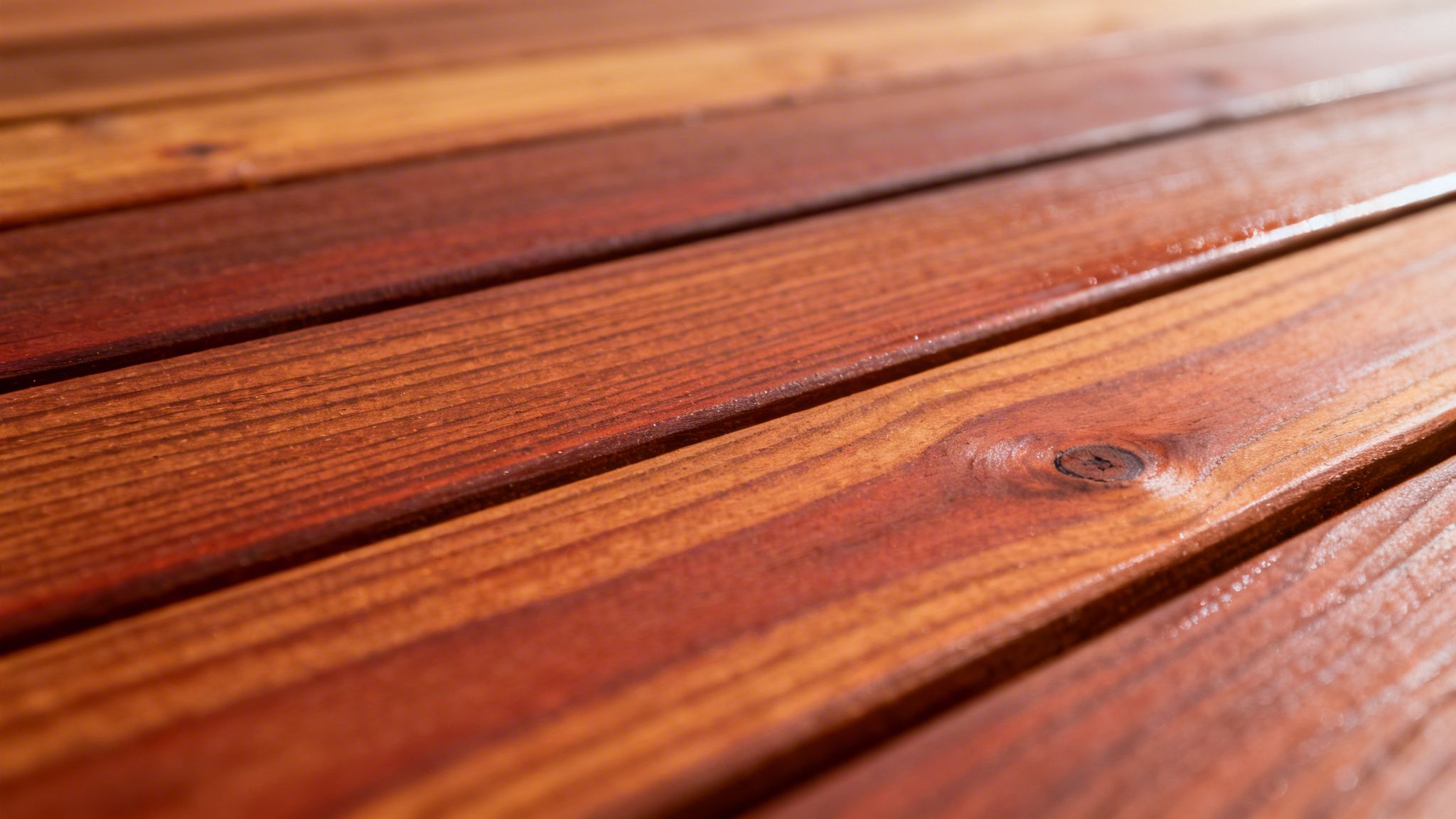 Detaljeret billede af rødbrune træplanker med synlig årestruktur og en knast, muligvis ceder.