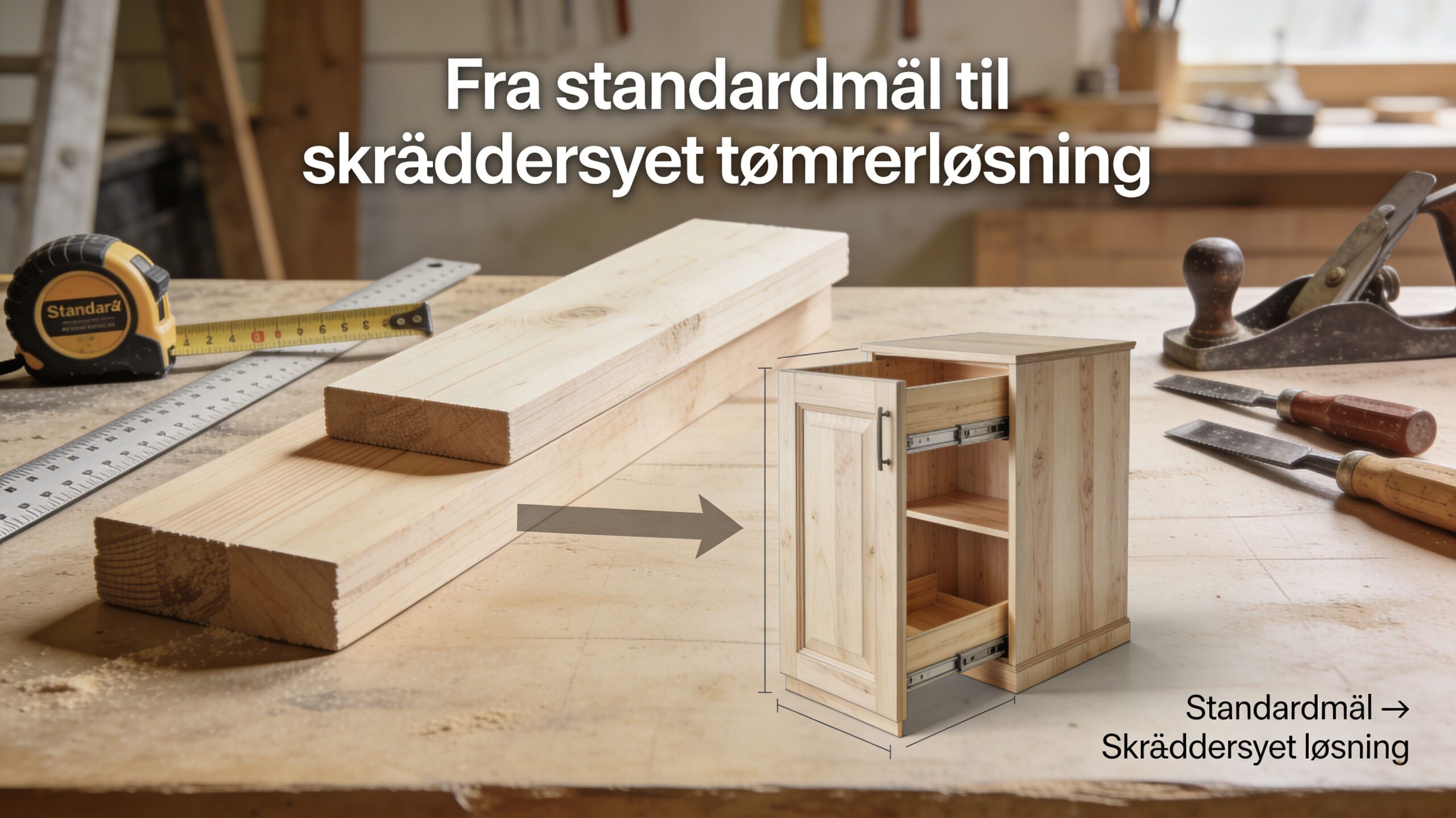Træplanker på et værkstedsbord ved siden af et lille skræddersyet træskab med en udtrækkelig skuffe.