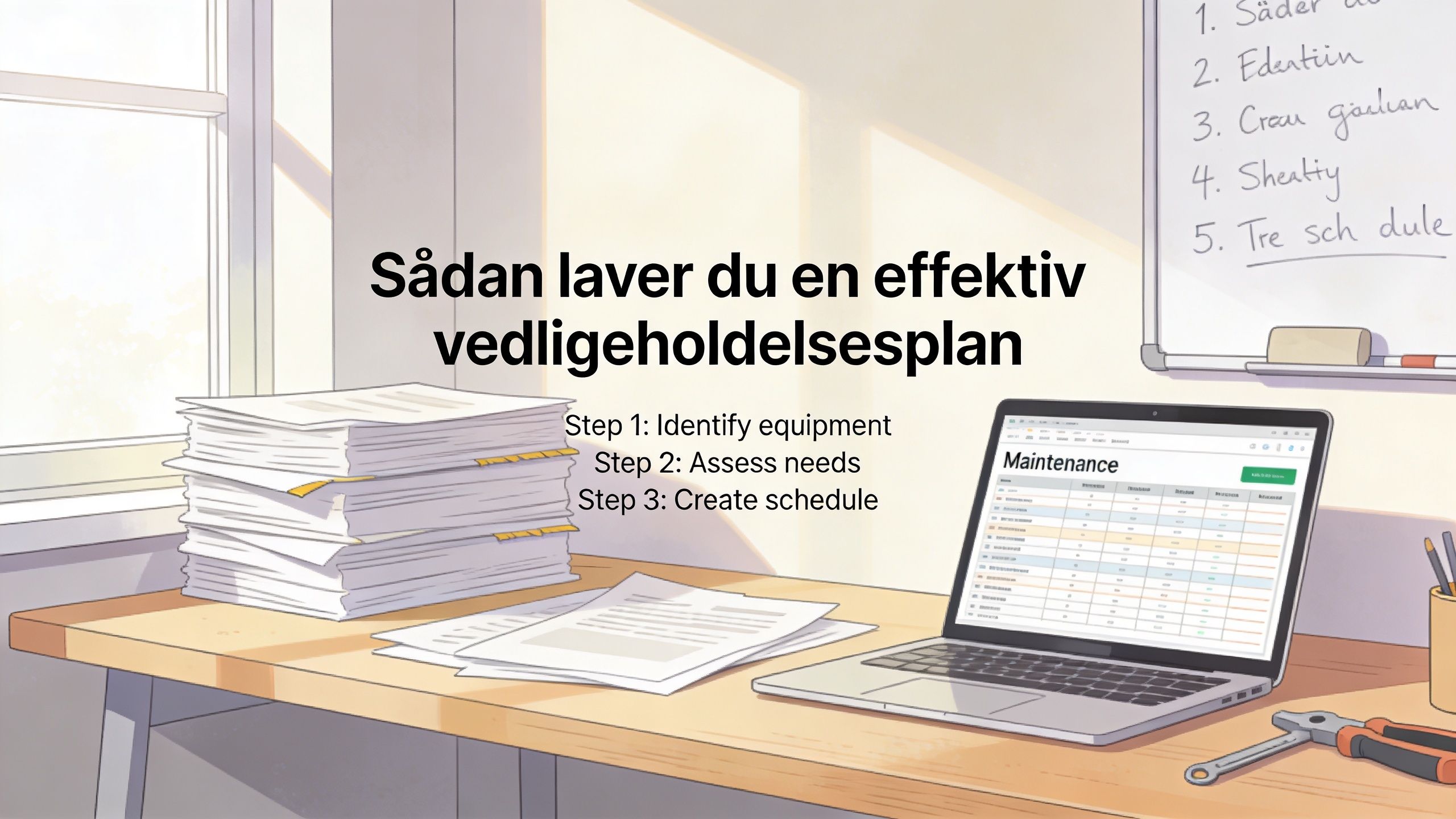 Illustration af en arbejdsplads med en computer, der viser en vedligeholdelsesplan for effektiv udstyrsstyring.