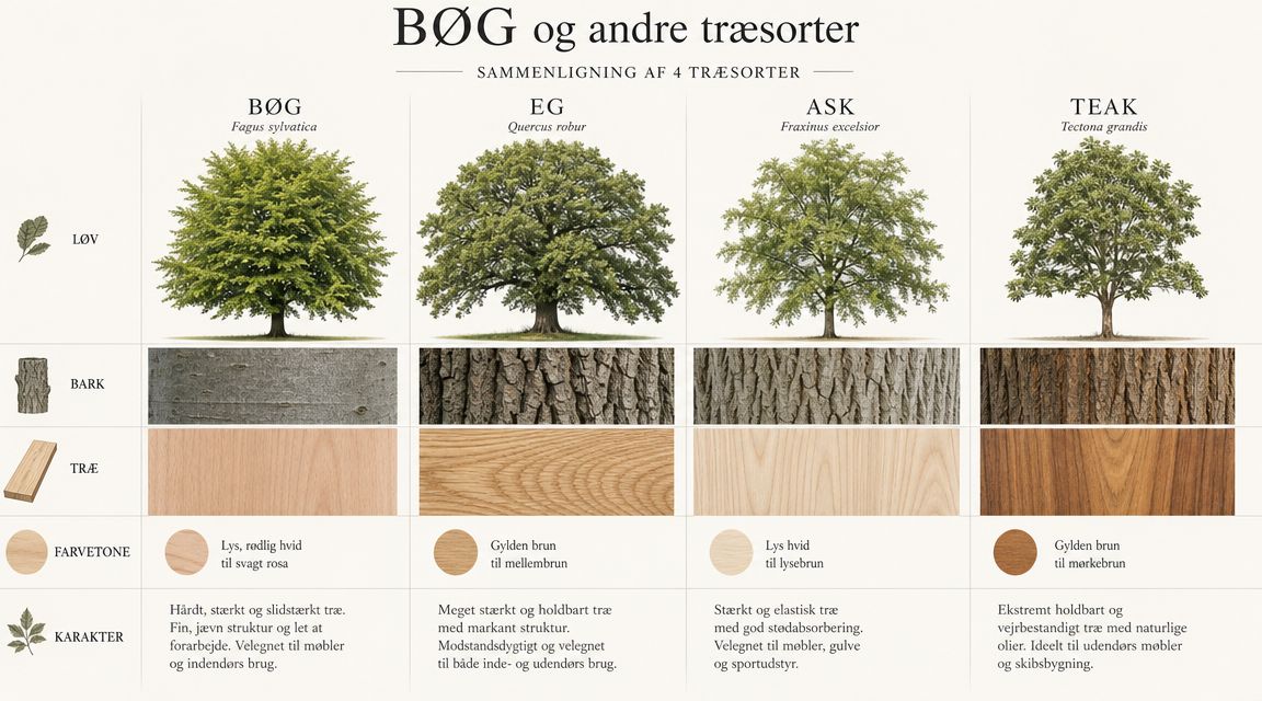 En sammenligningsguide over fire træsorter: bøg, eg, ask og teak, inklusiv deres udseende, bark og egenskaber.