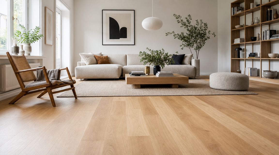En lys og moderne stue med bøg-trægulve, en behagelig sofa, en træstol og minimalistisk indretning i skandinavisk stil.