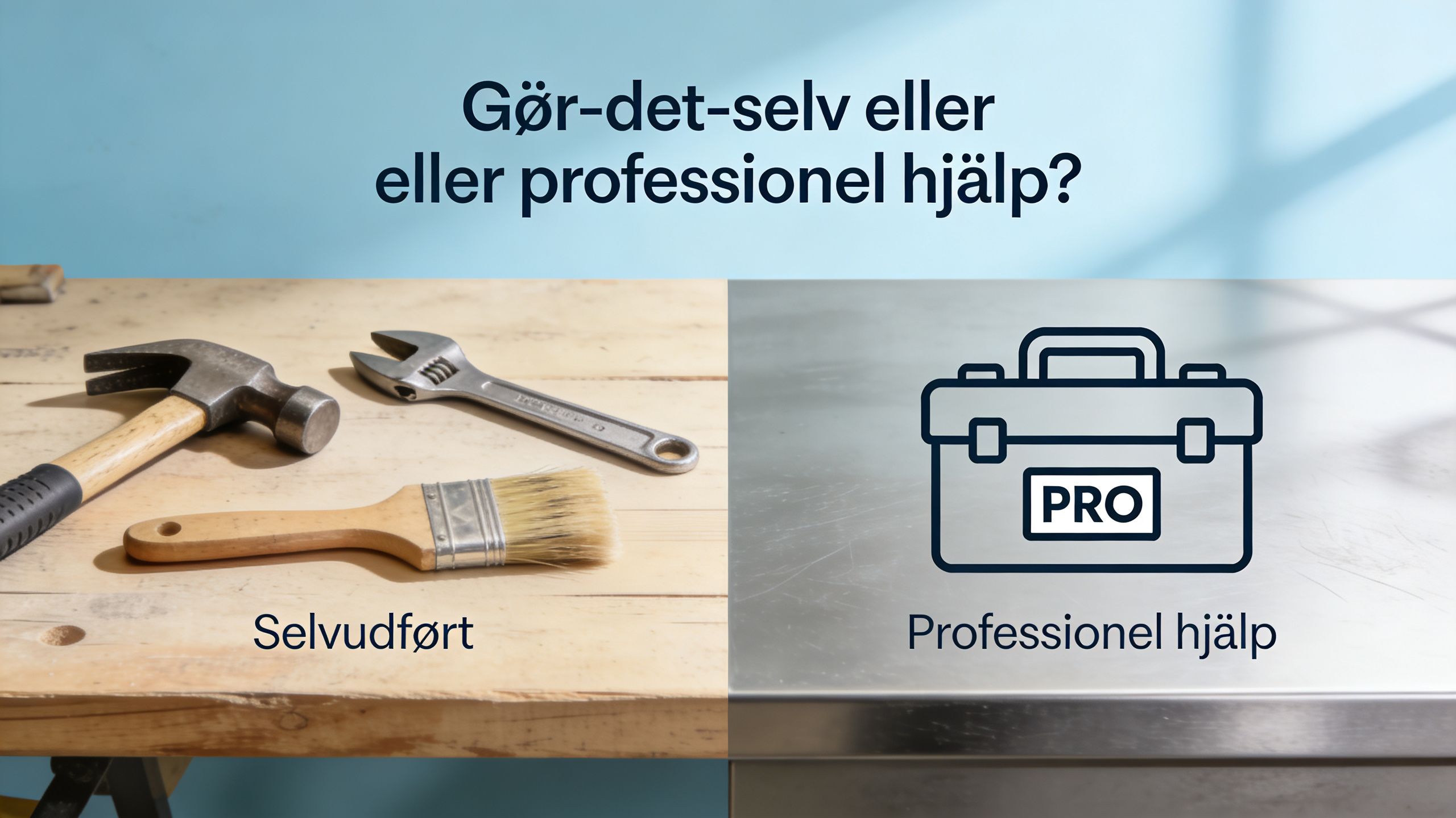En sammenligning af gør-det-selv værktøj på en træplade overfor professionel hjælp symboliseret ved en værktøjskasse.